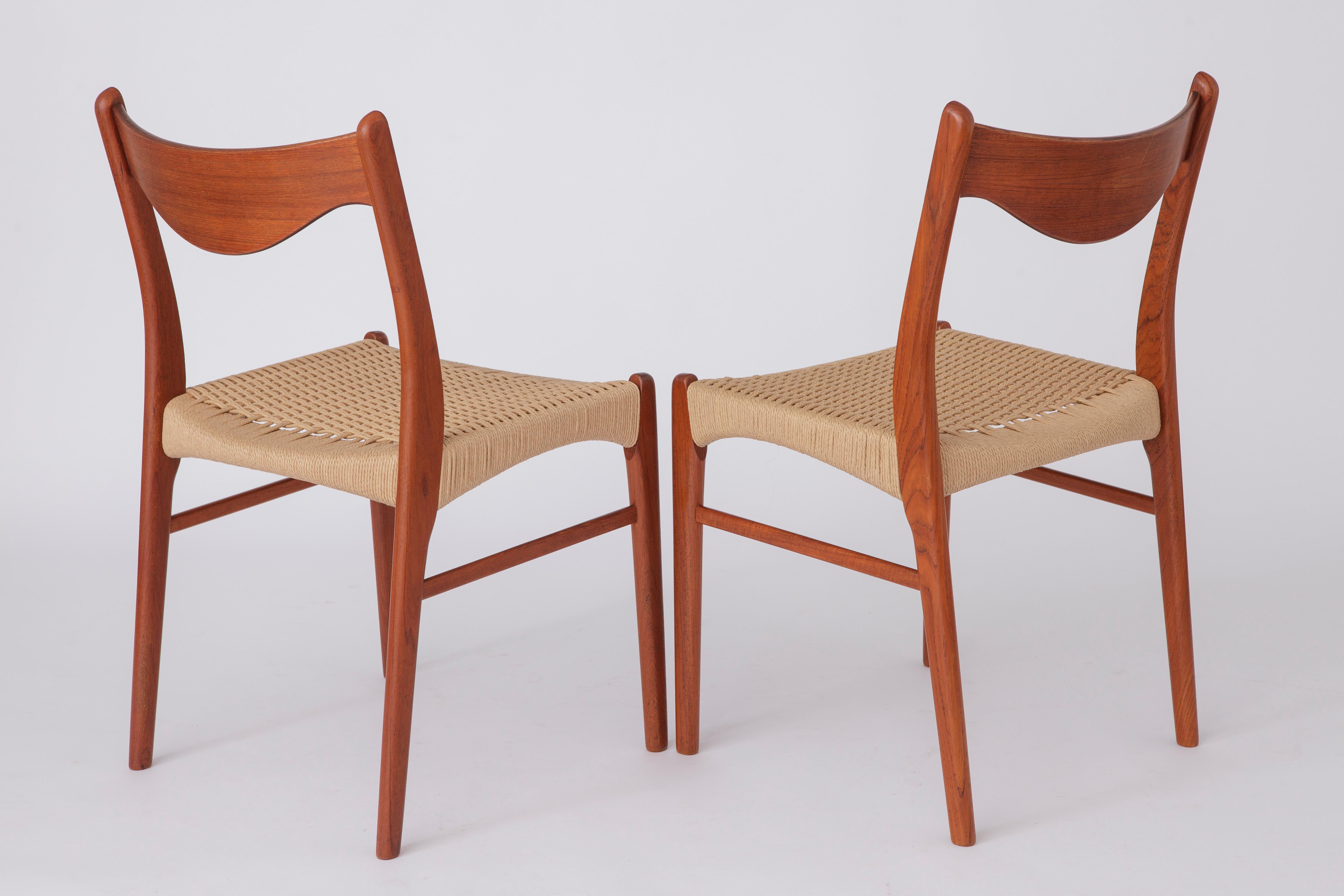 Polished 4 Arne Wahl Iversen Midcentury Teak Dining Chairs with Papercord Seats 1960s