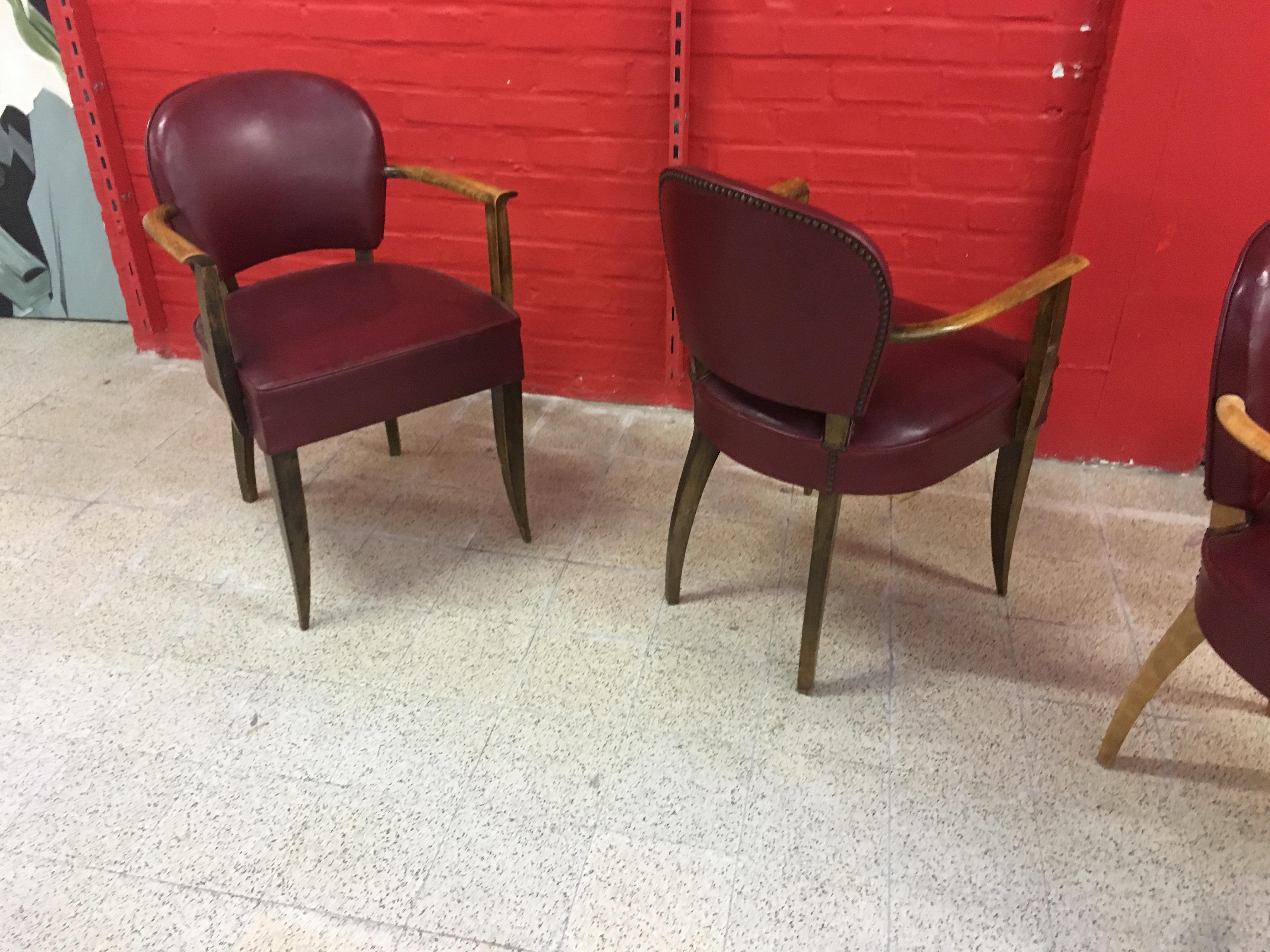 Faux Leather 4 Art Deco Armchairs in the Style of Jules Leleu, circa 1930-1940 For Sale