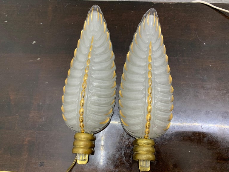 Mid-20th Century Art Deco Brass and Glass Sconces Signed by Ezan, France, circa 1940s For Sale