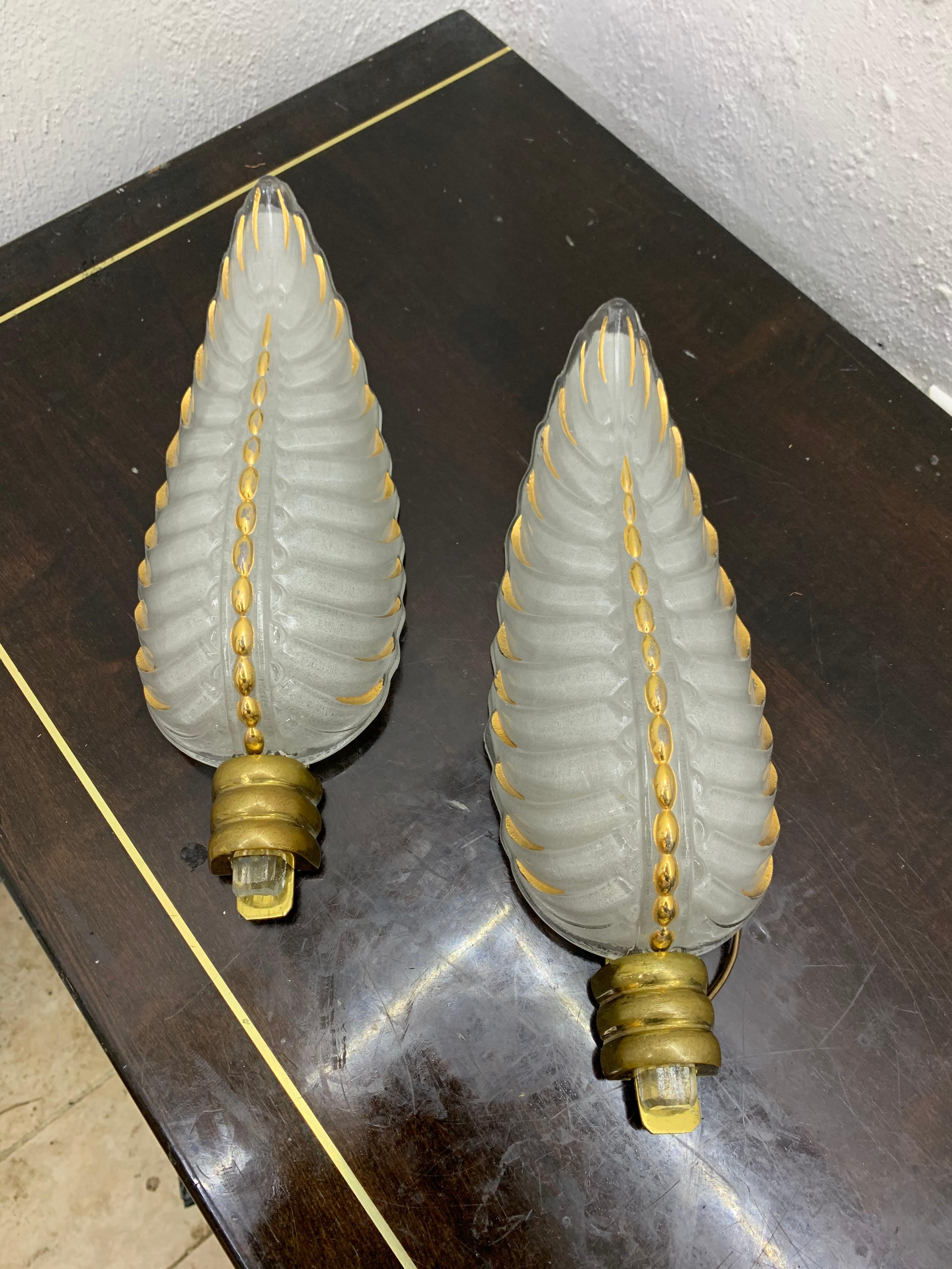Art Deco Brass and Glass Sconces Signed by Ezan, France, circa 1940s 3