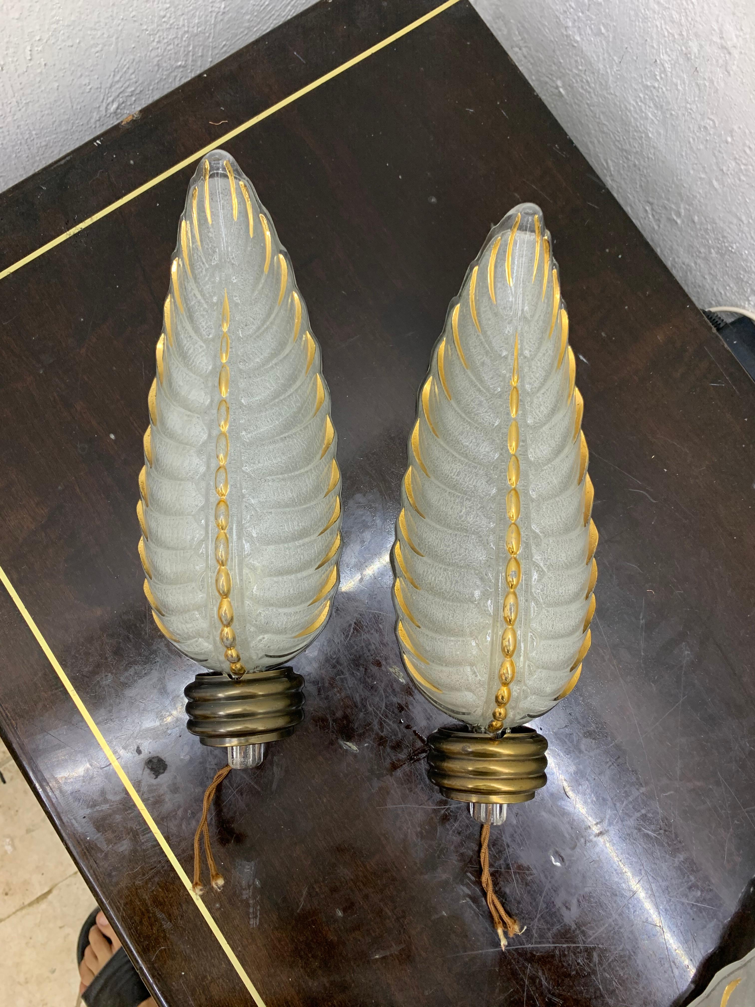 Art Deco Brass and Glass Sconces Signed by Ezan, France, circa 1940s In Good Condition In Merida, Yucatan