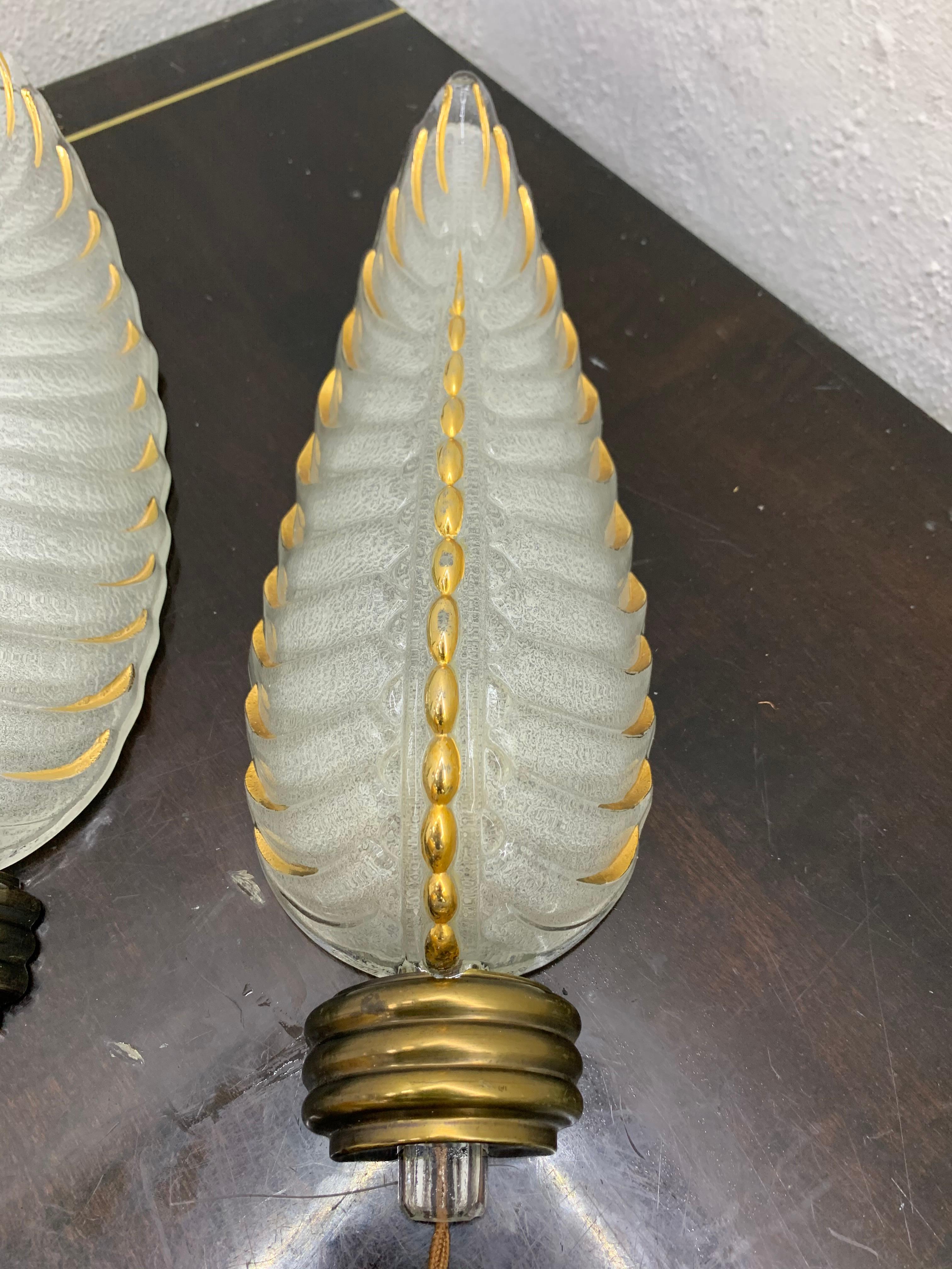 Art Deco Brass and Glass Sconces Signed by Ezan, France, circa 1940s 4