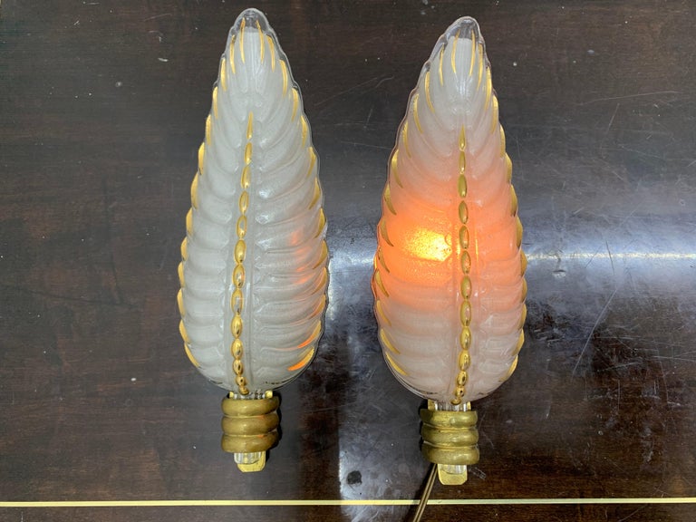 Art Deco Brass and Glass Sconces Signed by Ezan, France, circa 1940s For Sale 6
