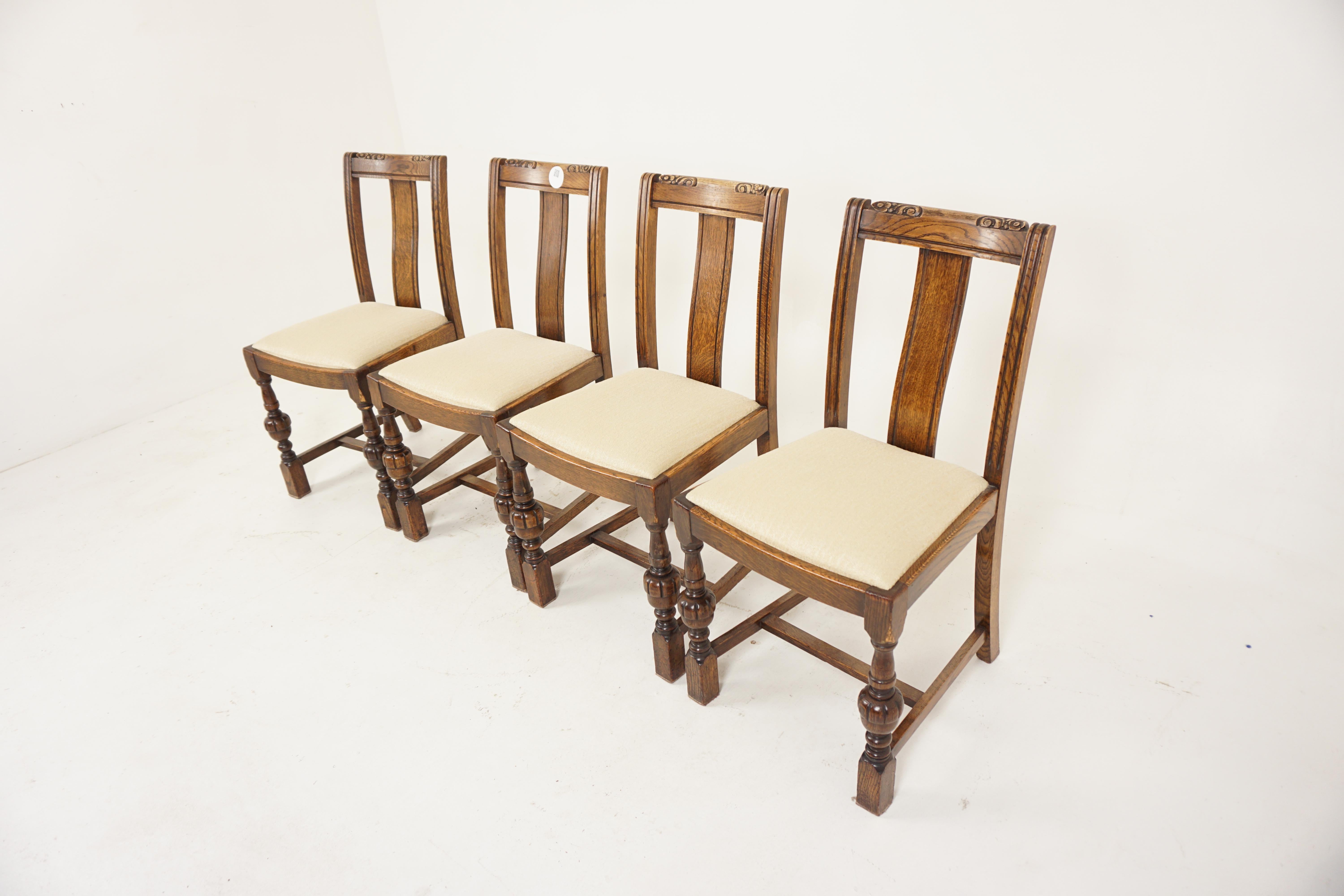 4 Art Deco Carved Dining Chairs, Lift Out Seats, Scotland 1930, H692

Scotland 1930
Solid Oak
Original Finish
Carved Top rail
Single shaped slat underneath
Large lift out upholstered seat
All standing on turned bulbous front legs connected by an 