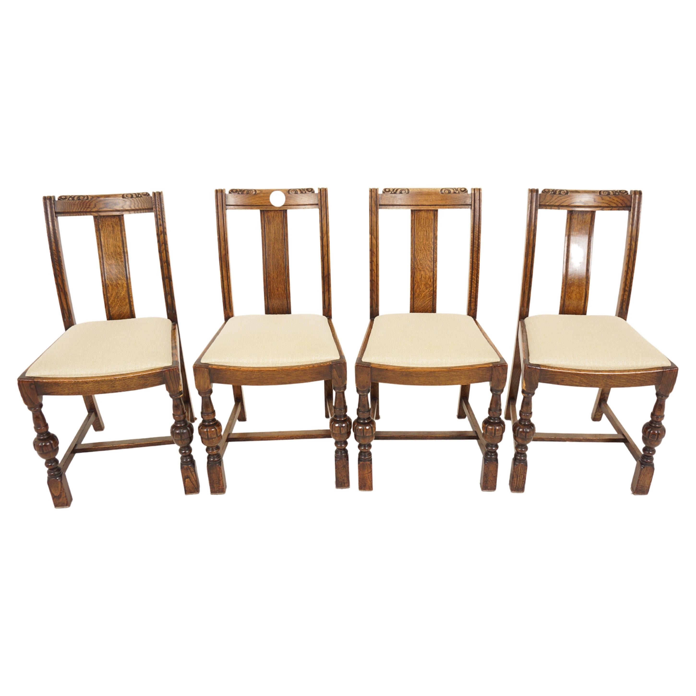 4 chaises de salle à manger Art Déco sculptées, sièges soulevés, Écosse, 1930, H692