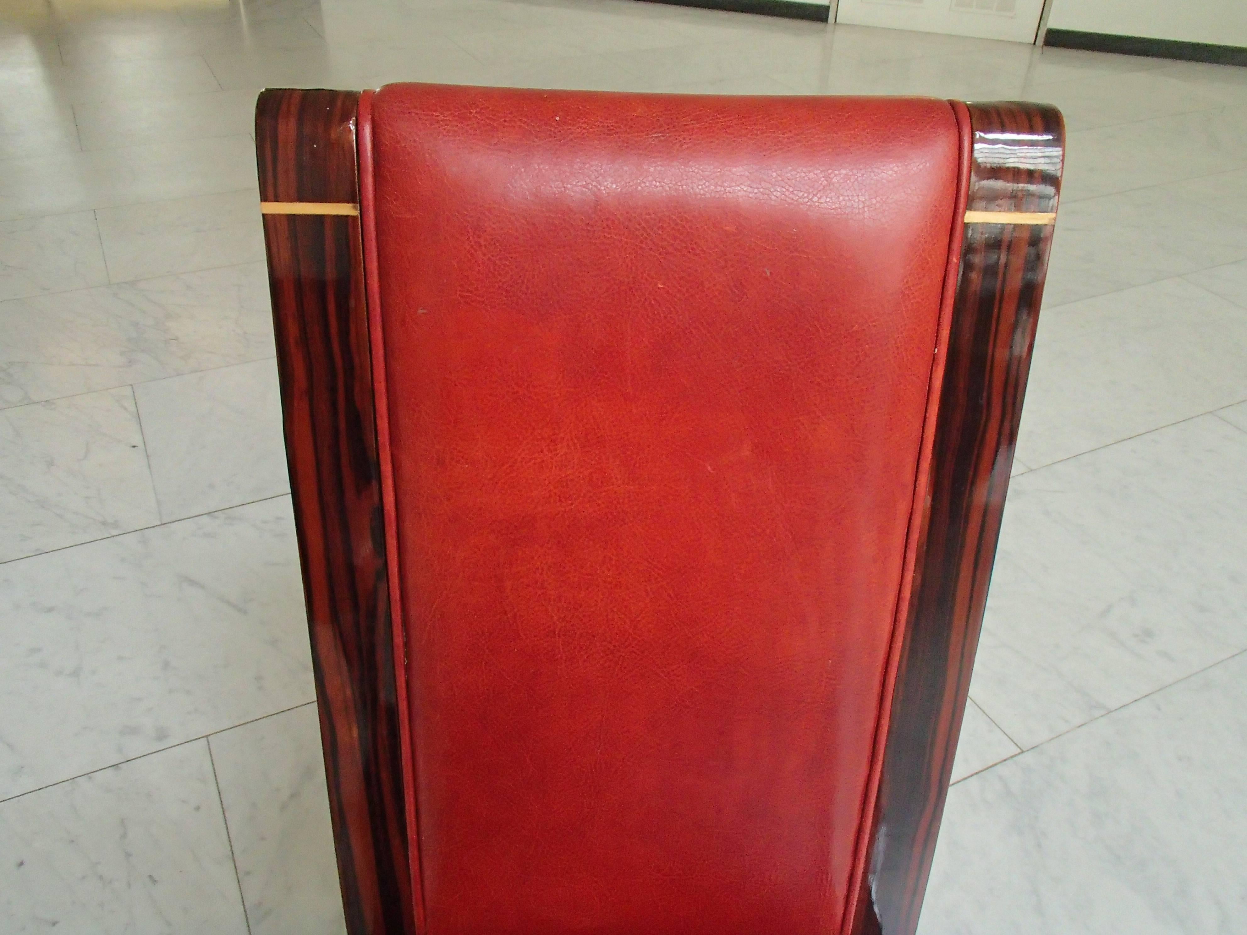 Four Art Deco Dinning Chairs Ebene de Macassar and Red Leather For Sale 6