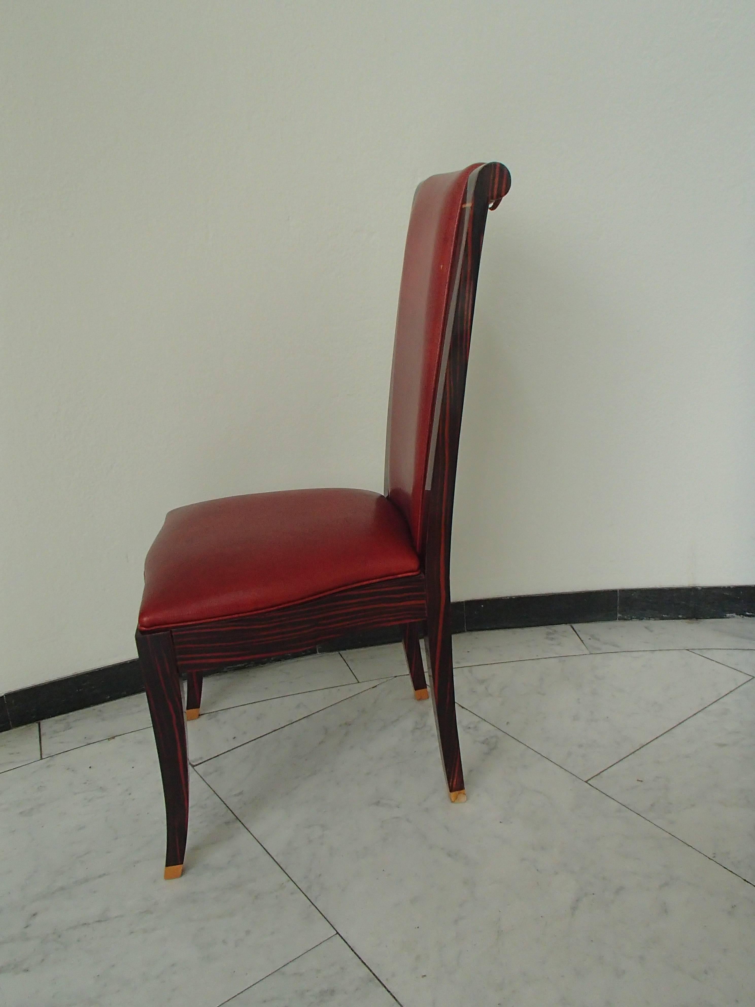 Four Art Deco Dinning Chairs Ebene de Macassar and Red Leather For Sale 7