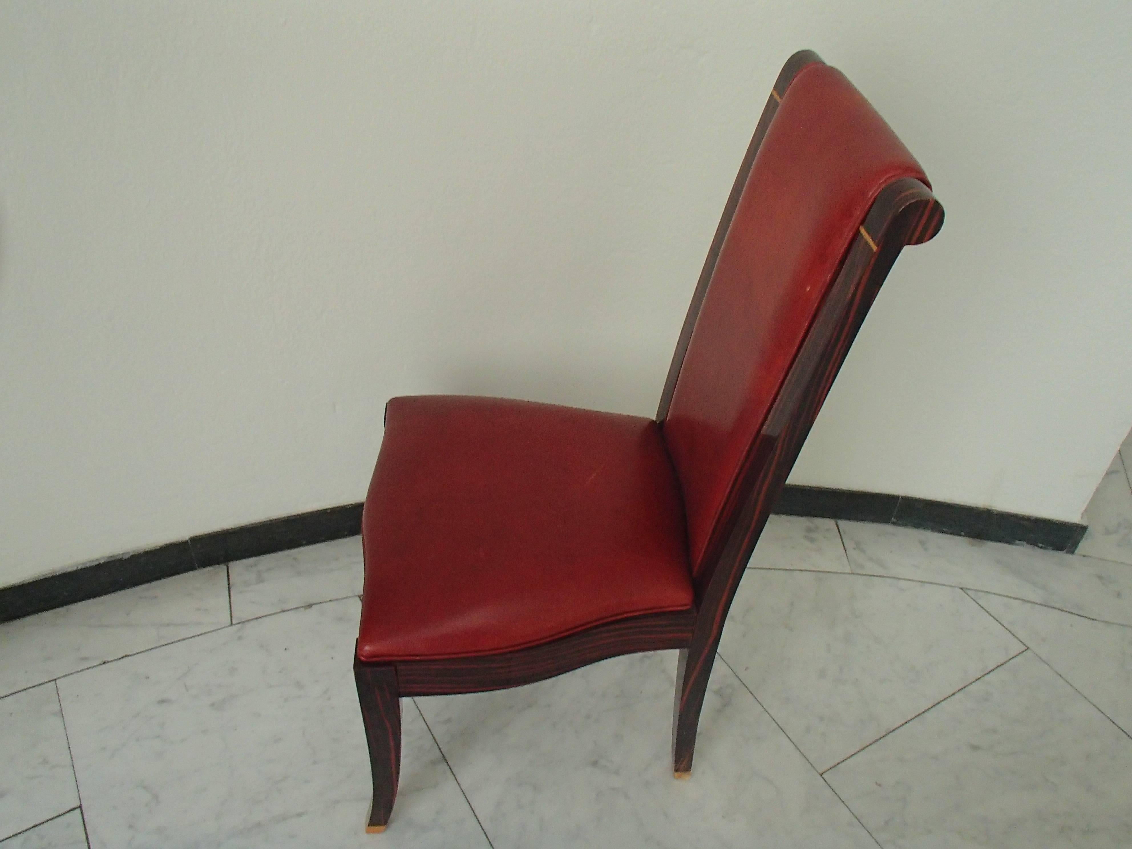 Four Art Deco Dinning Chairs Ebene de Macassar and Red Leather For Sale 8