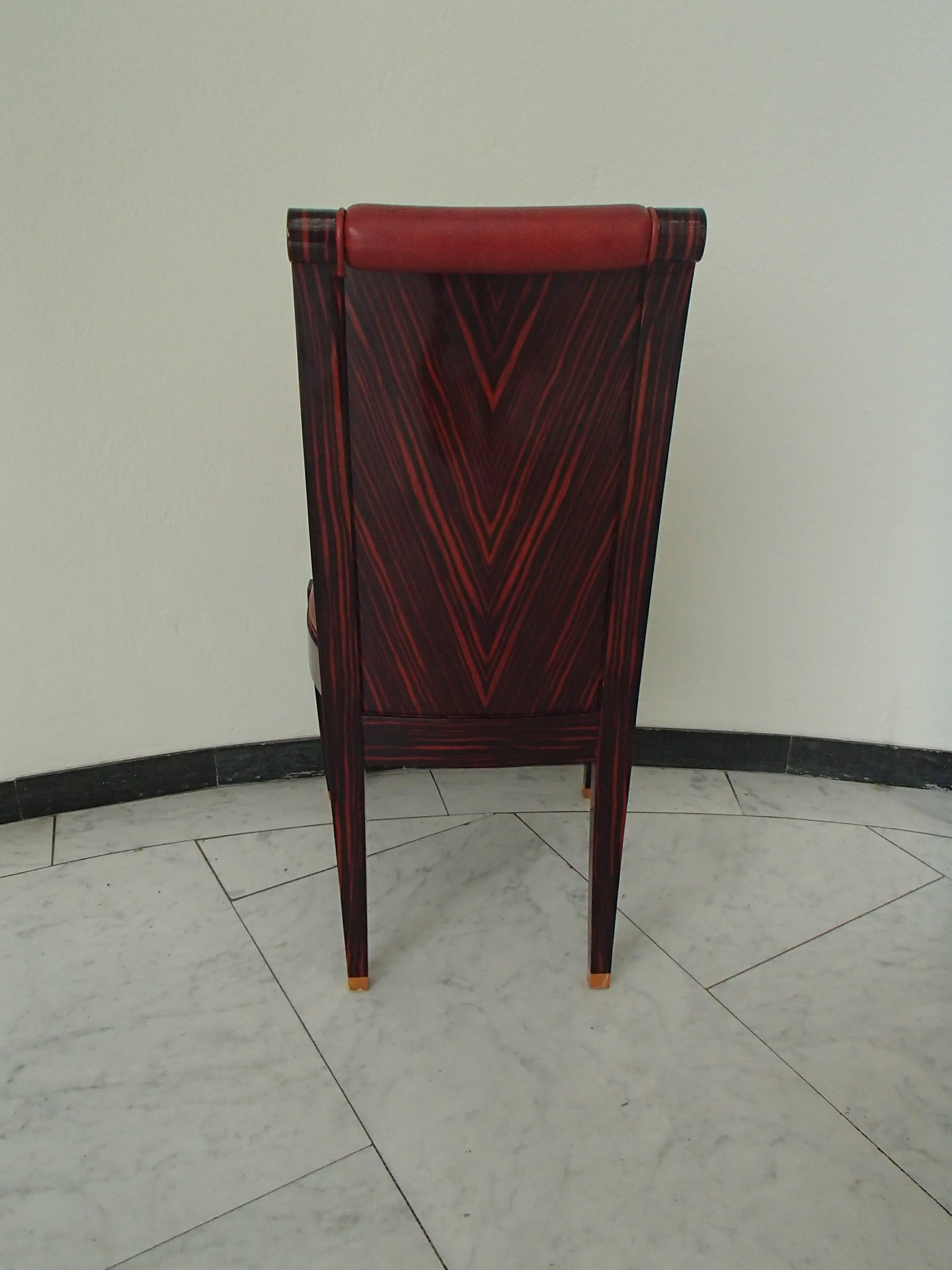 Four Art Deco Dinning Chairs Ebene de Macassar and Red Leather For Sale 9