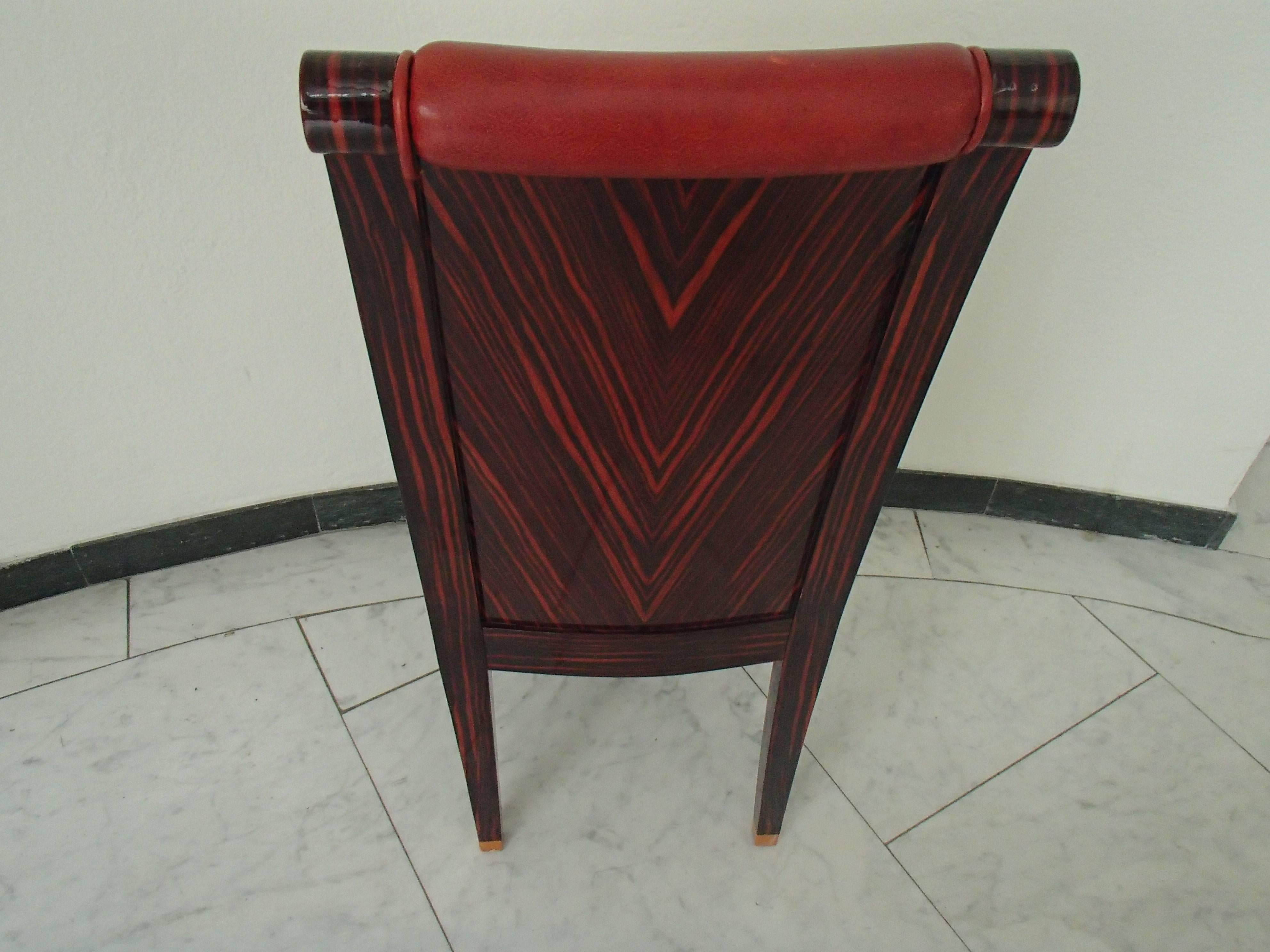 Four Art Deco Dinning Chairs Ebene de Macassar and Red Leather For Sale 10