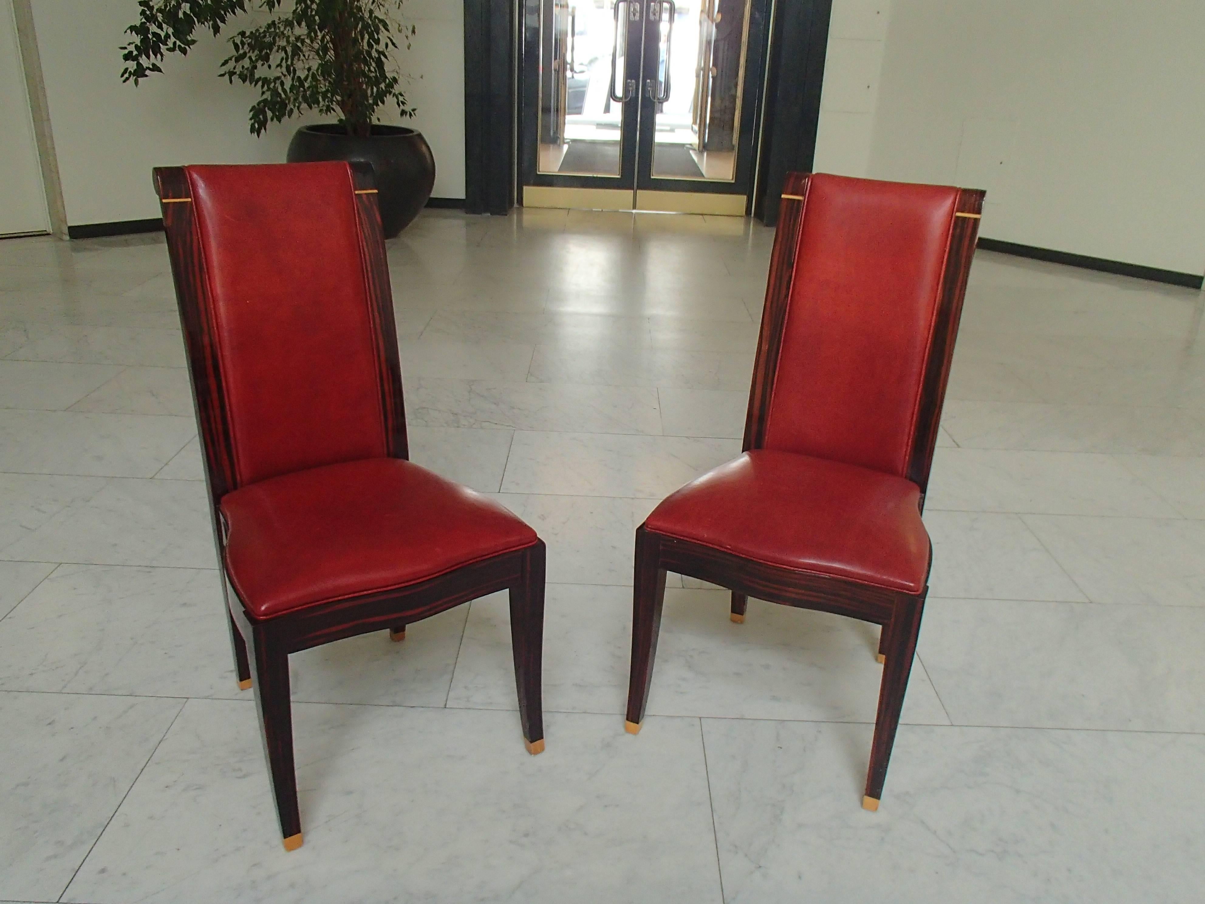 French Four Art Deco Dinning Chairs Ebene de Macassar and Red Leather For Sale