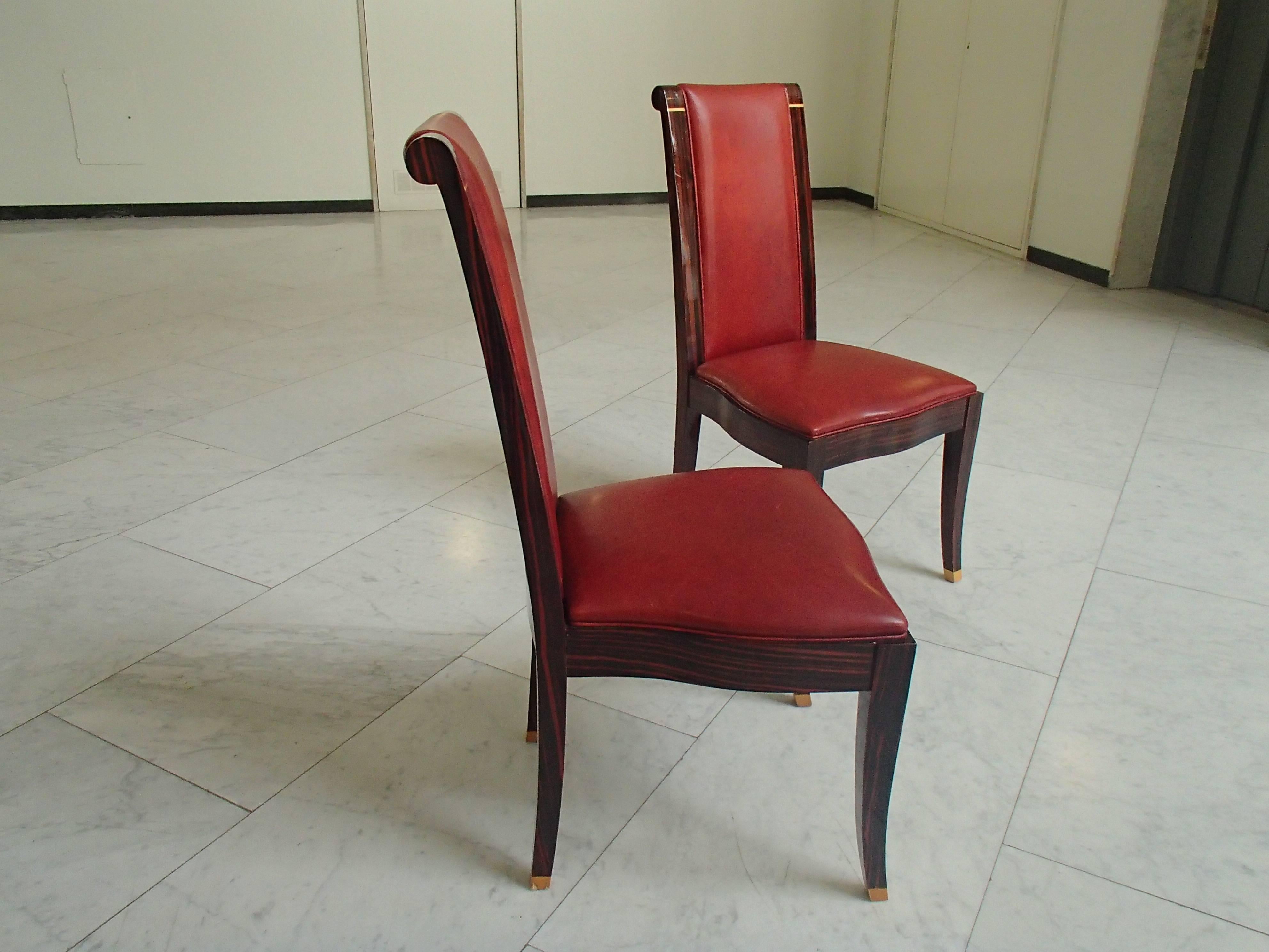 Four Art Deco Dinning Chairs Ebene de Macassar and Red Leather In Good Condition For Sale In Weiningen, CH