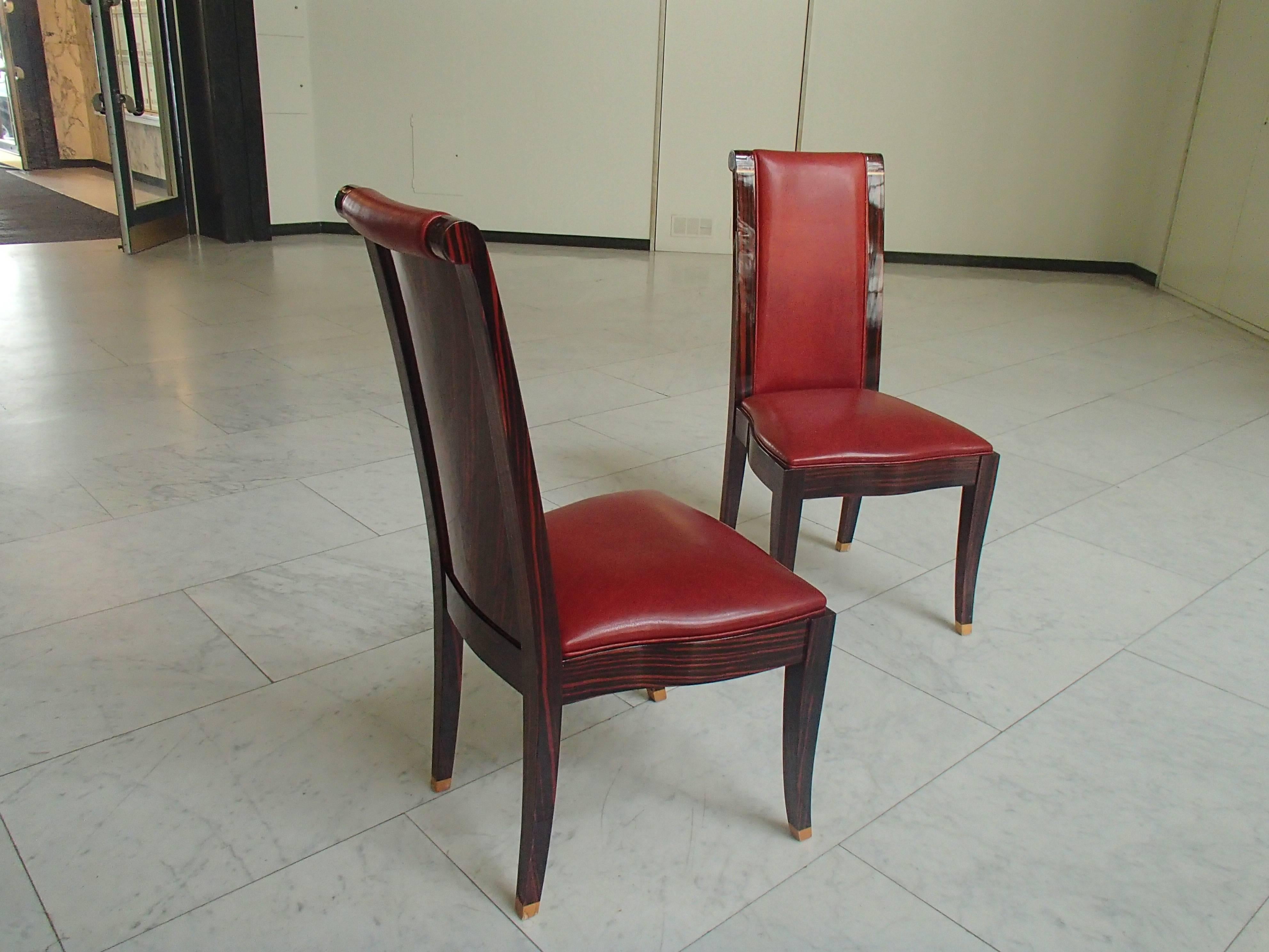 Mid-20th Century Four Art Deco Dinning Chairs Ebene de Macassar and Red Leather For Sale