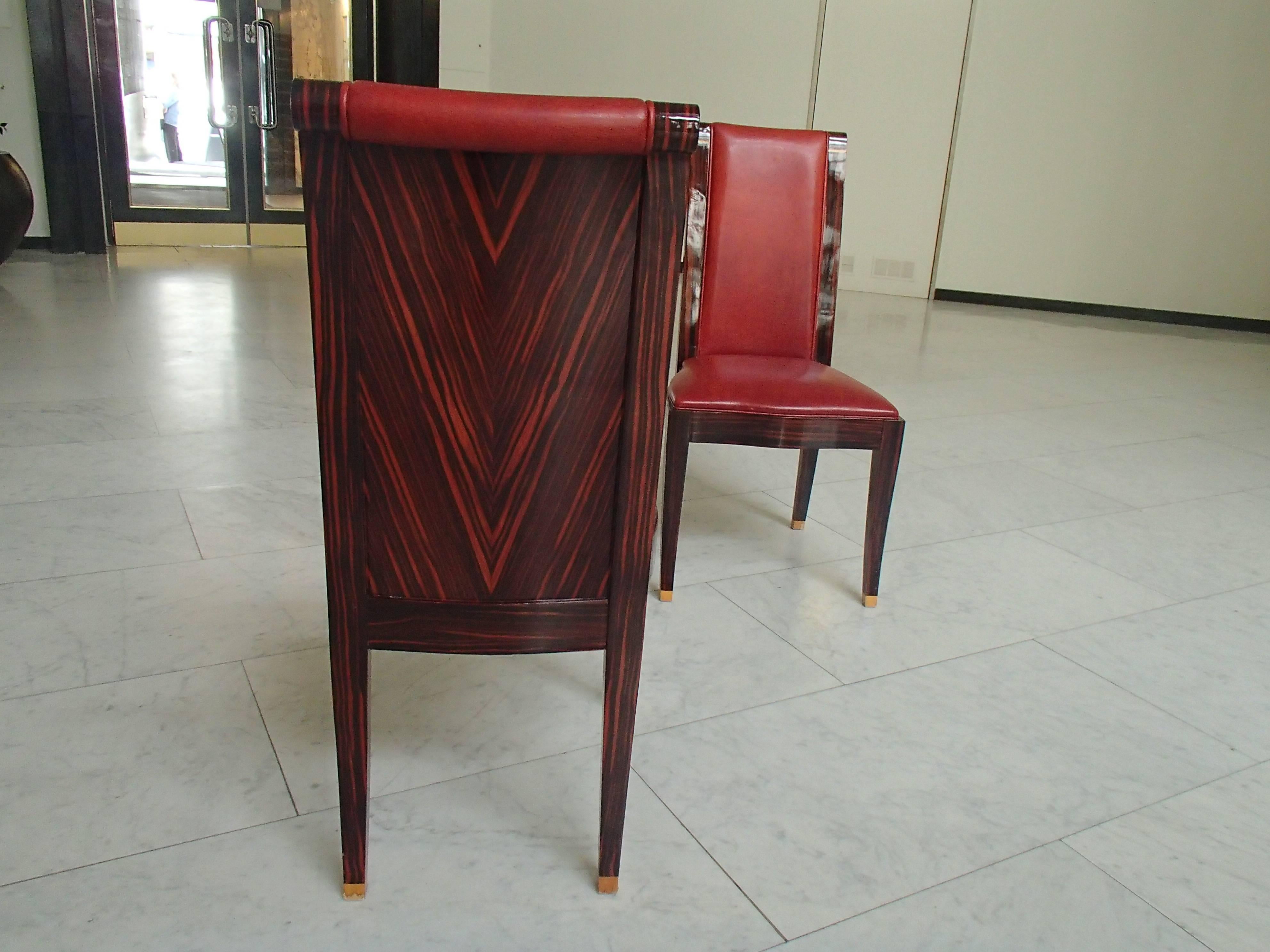 Four Art Deco Dinning Chairs Ebene de Macassar and Red Leather For Sale 1