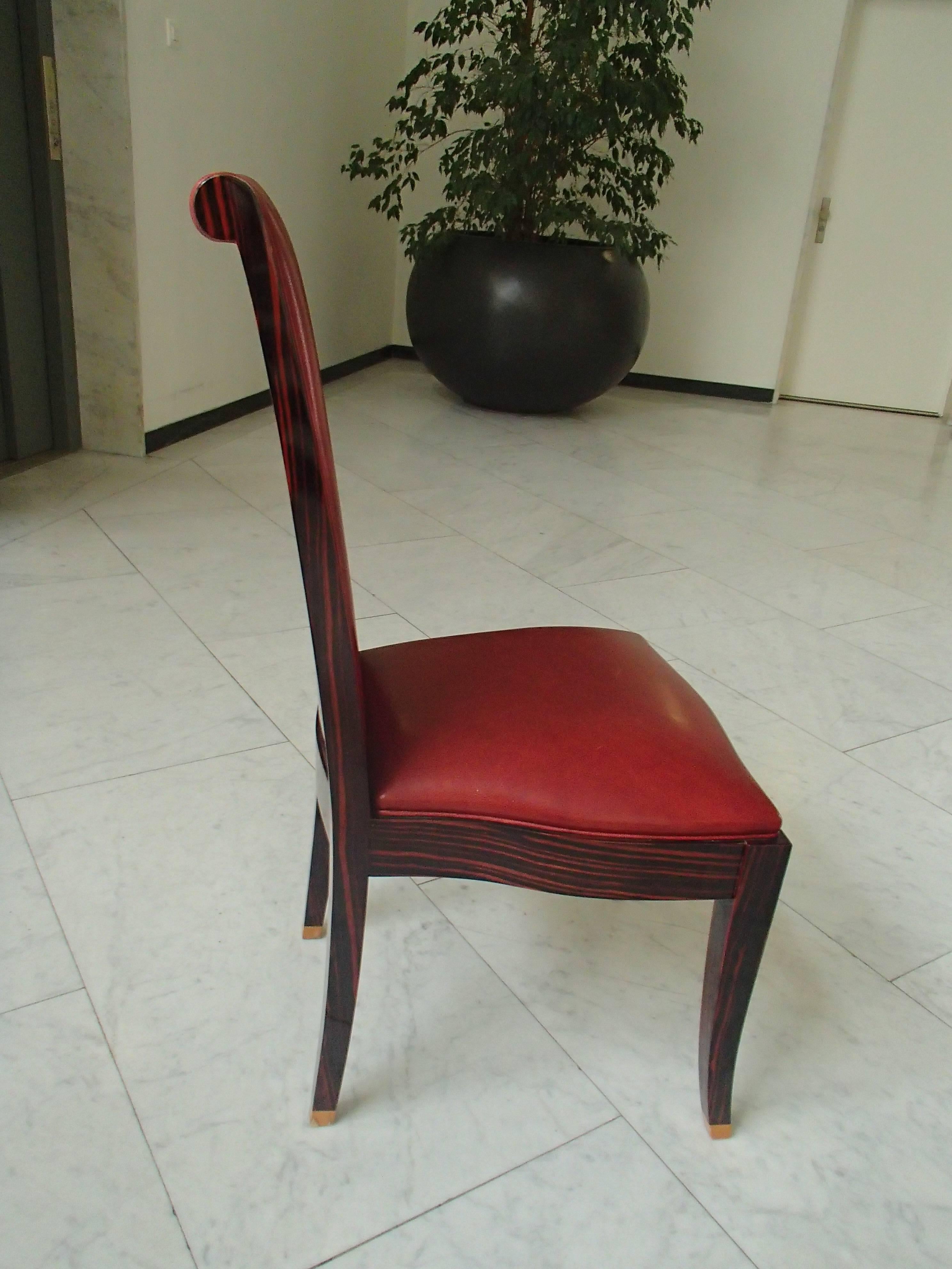 Four Art Deco Dinning Chairs Ebene de Macassar and Red Leather For Sale 2