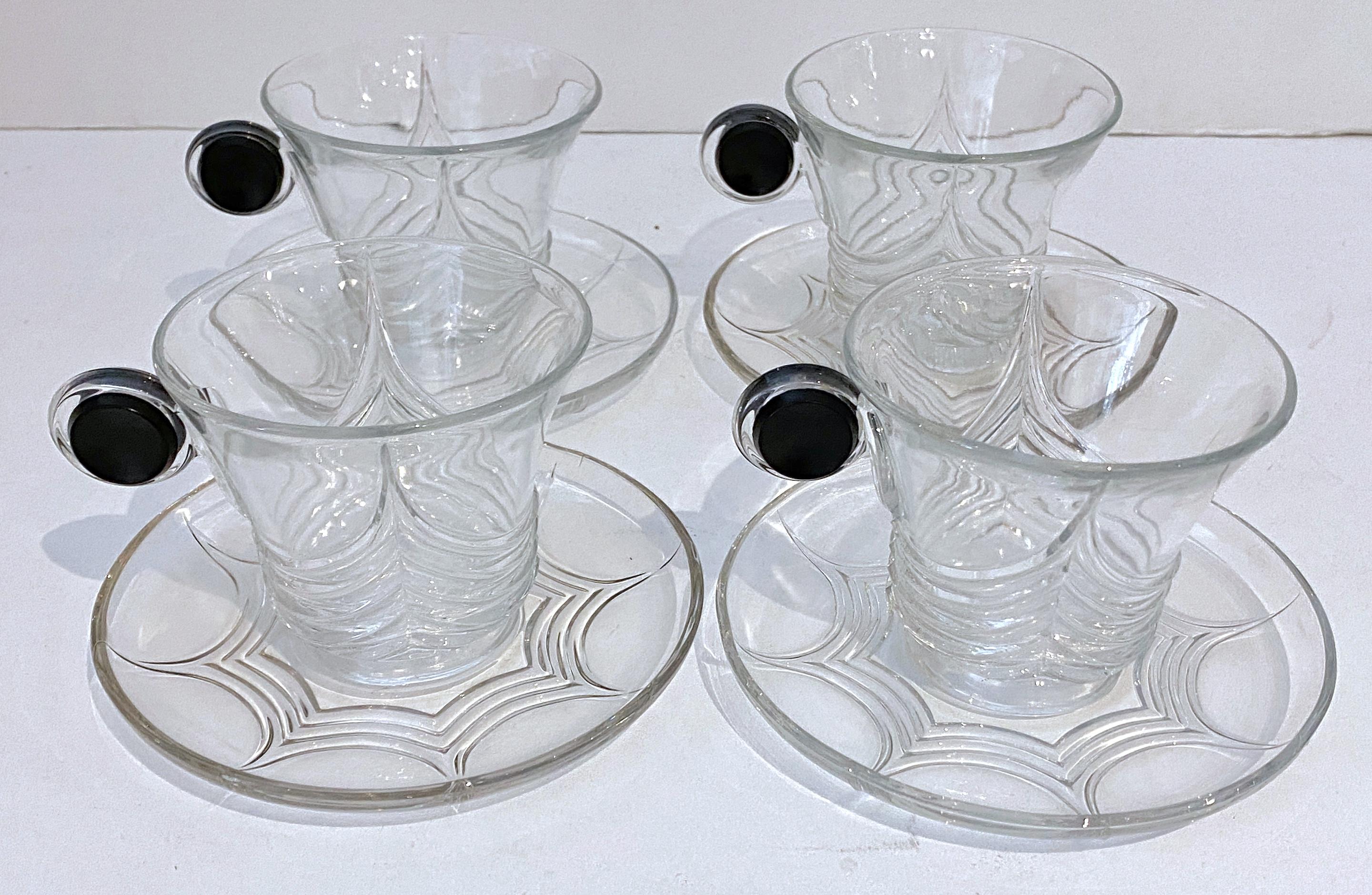 4 Art Deco Heisey Glass 'Stanhope' Cups & Saucers, by Walter Von Hessen
A.H. Heisey Company was formed in Newark, Ohio, in 1895, closed in 1957
Pattern - Stanhope by Heisey
Discontinued 1936 - 1937

This set of four Art Deco Heisey Glass 'Stanhope'