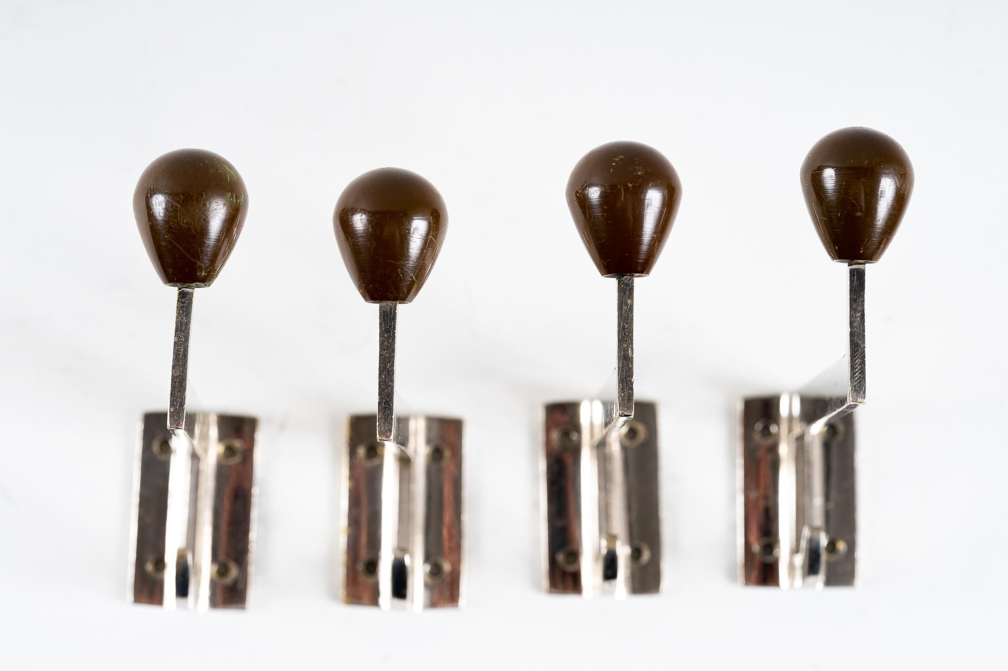 Austrian 4 Art Deco Nickel-Plated Wall Hooks with Wooden Ball Around 1920 For Sale