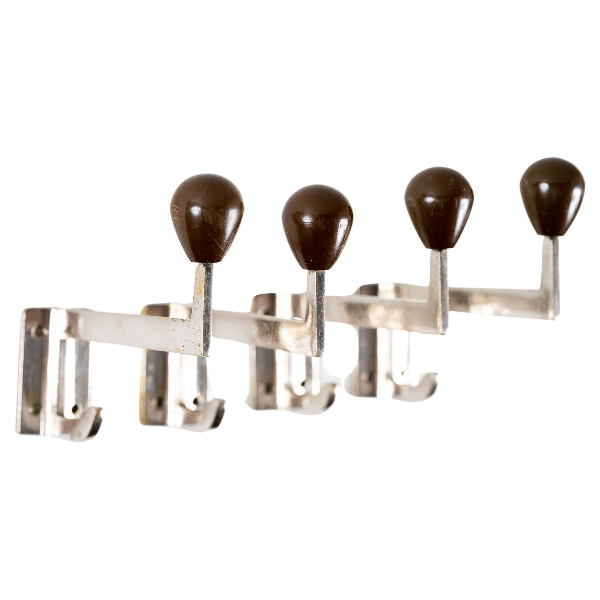 4 Art Deco Nickel-Plated Wall Hooks with Wooden Ball Around 1920