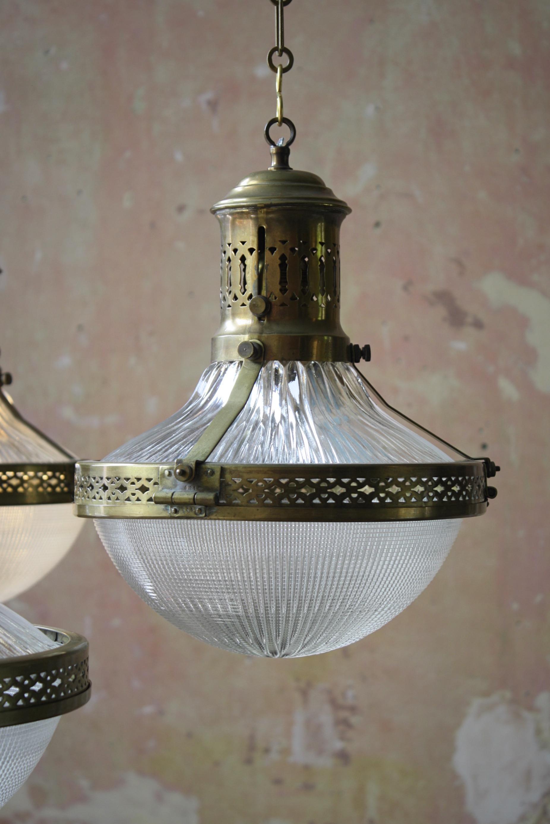 4 Available Early 20th C French Caged Brass & Glass Holophane Lanterns Lights 6