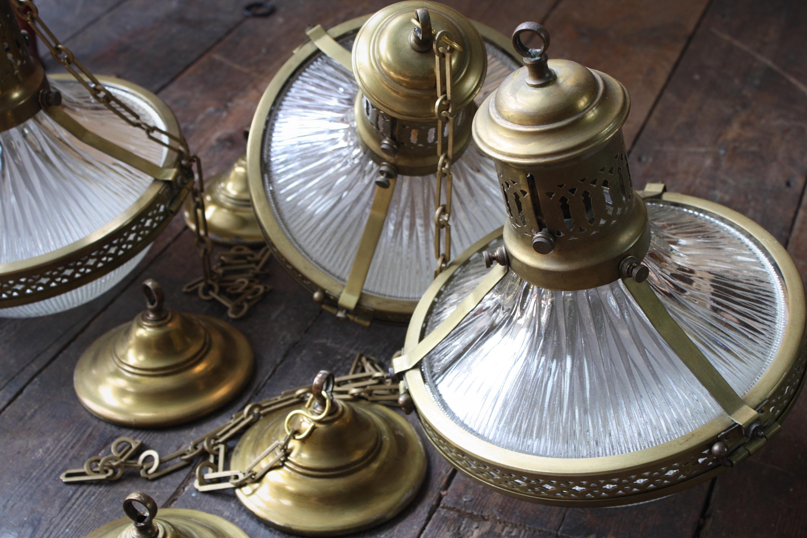 4 Available Early 20th C French Caged Brass & Glass Holophane Lanterns Lights 8