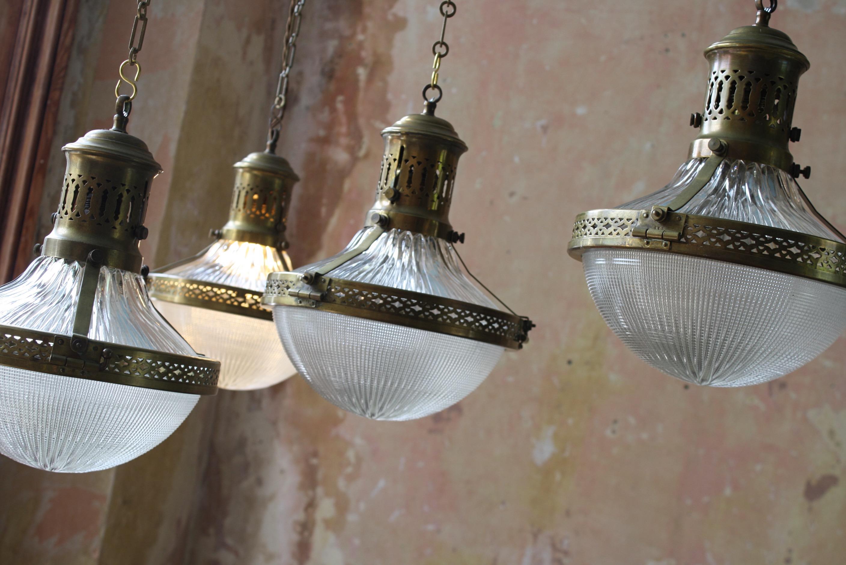 4 Available Early 20th C French Caged Brass & Glass Holophane Lanterns Lights In Good Condition In Lowestoft, GB