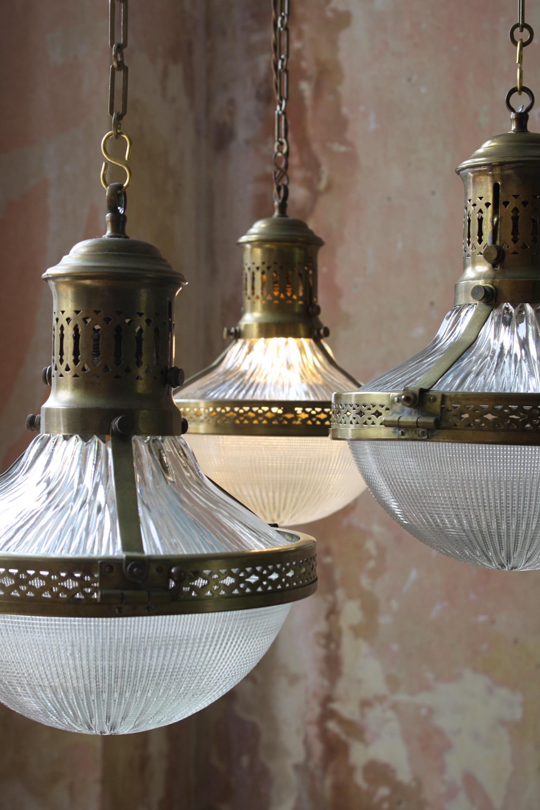 20th Century 4 Available Early 20th C French Caged Brass & Glass Holophane Lanterns Lights