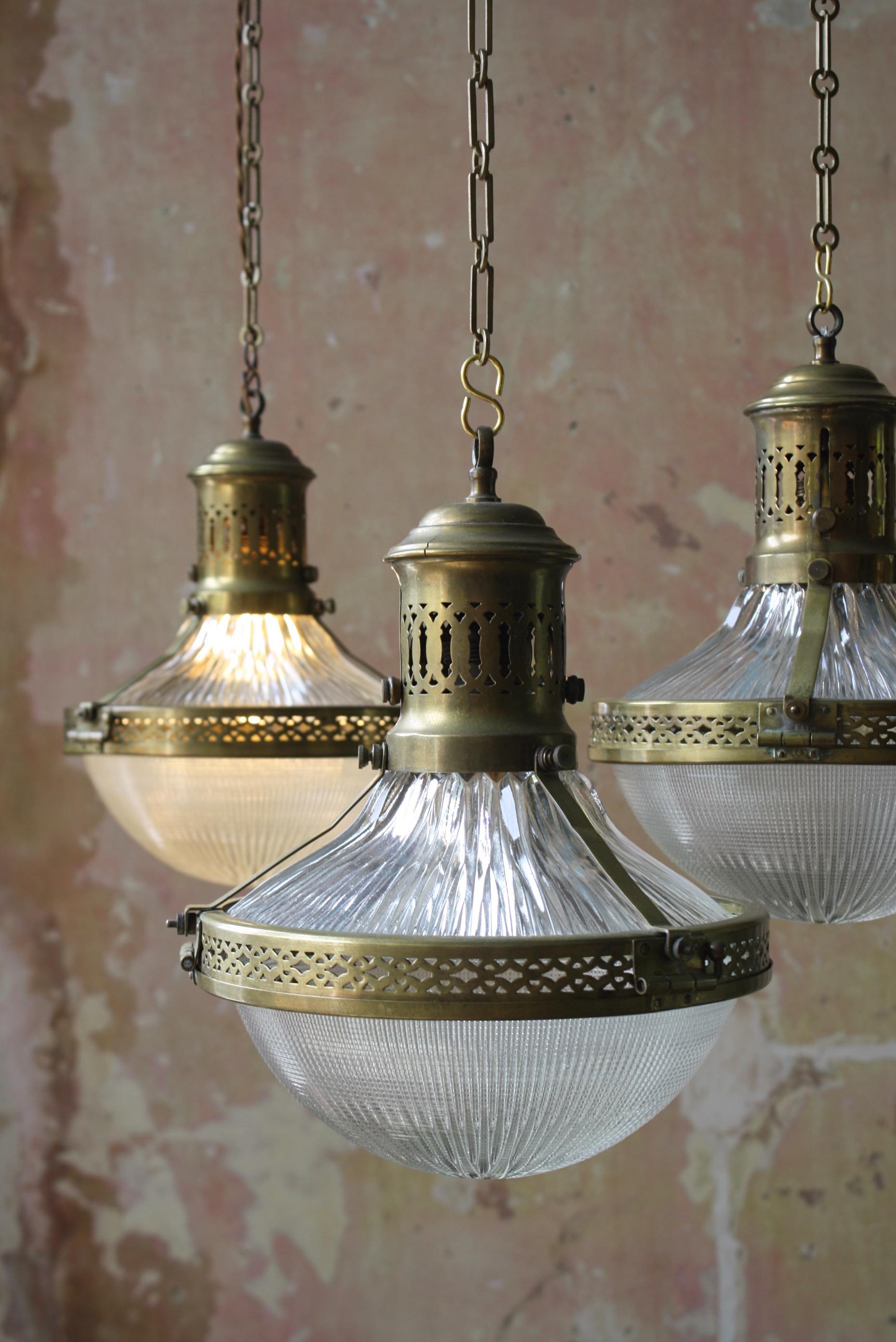 4 Available Early 20th C French Caged Brass & Glass Holophane Lanterns Lights 1