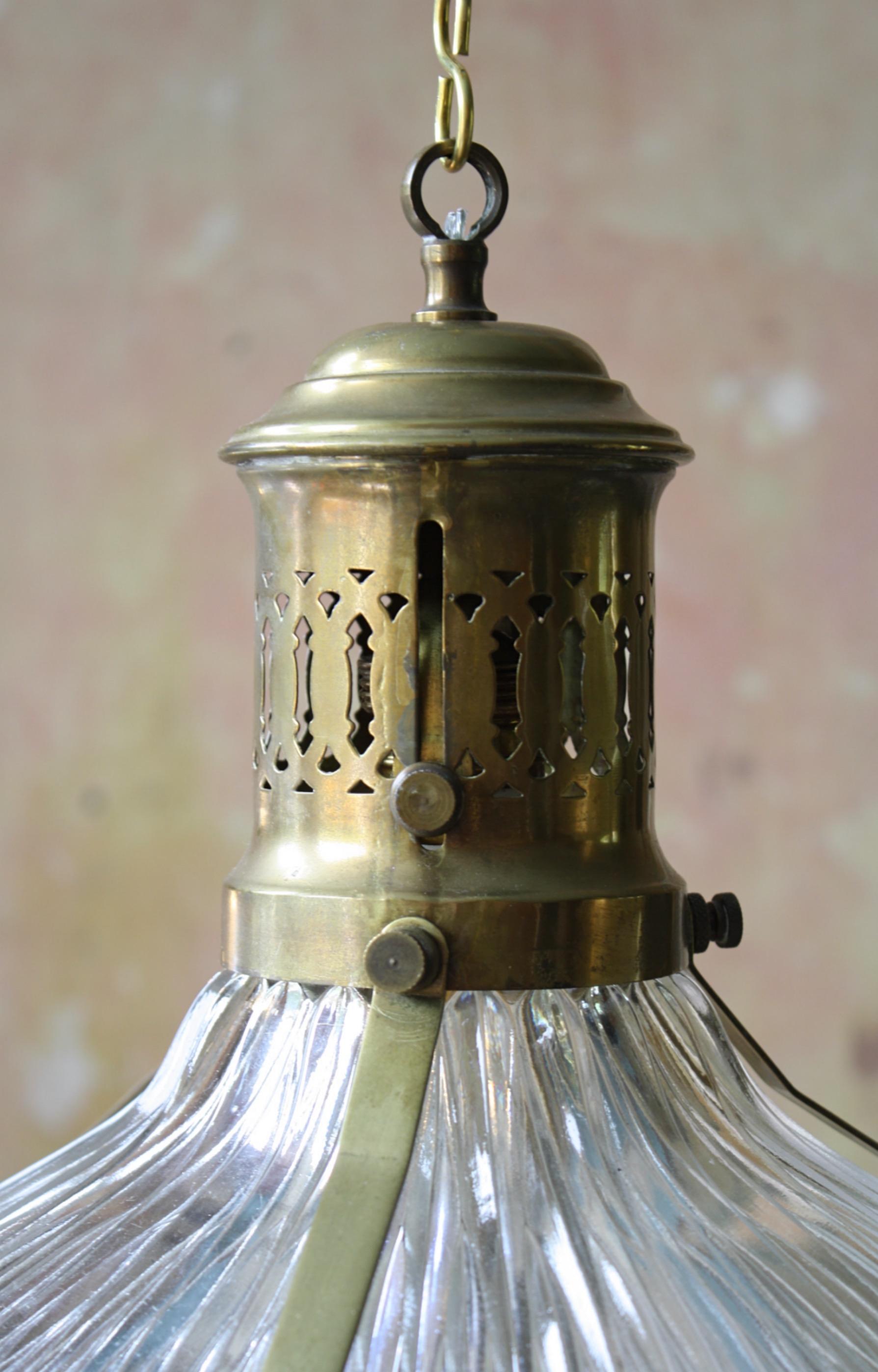 4 Available Early 20th C French Caged Brass & Glass Holophane Lanterns Lights 3