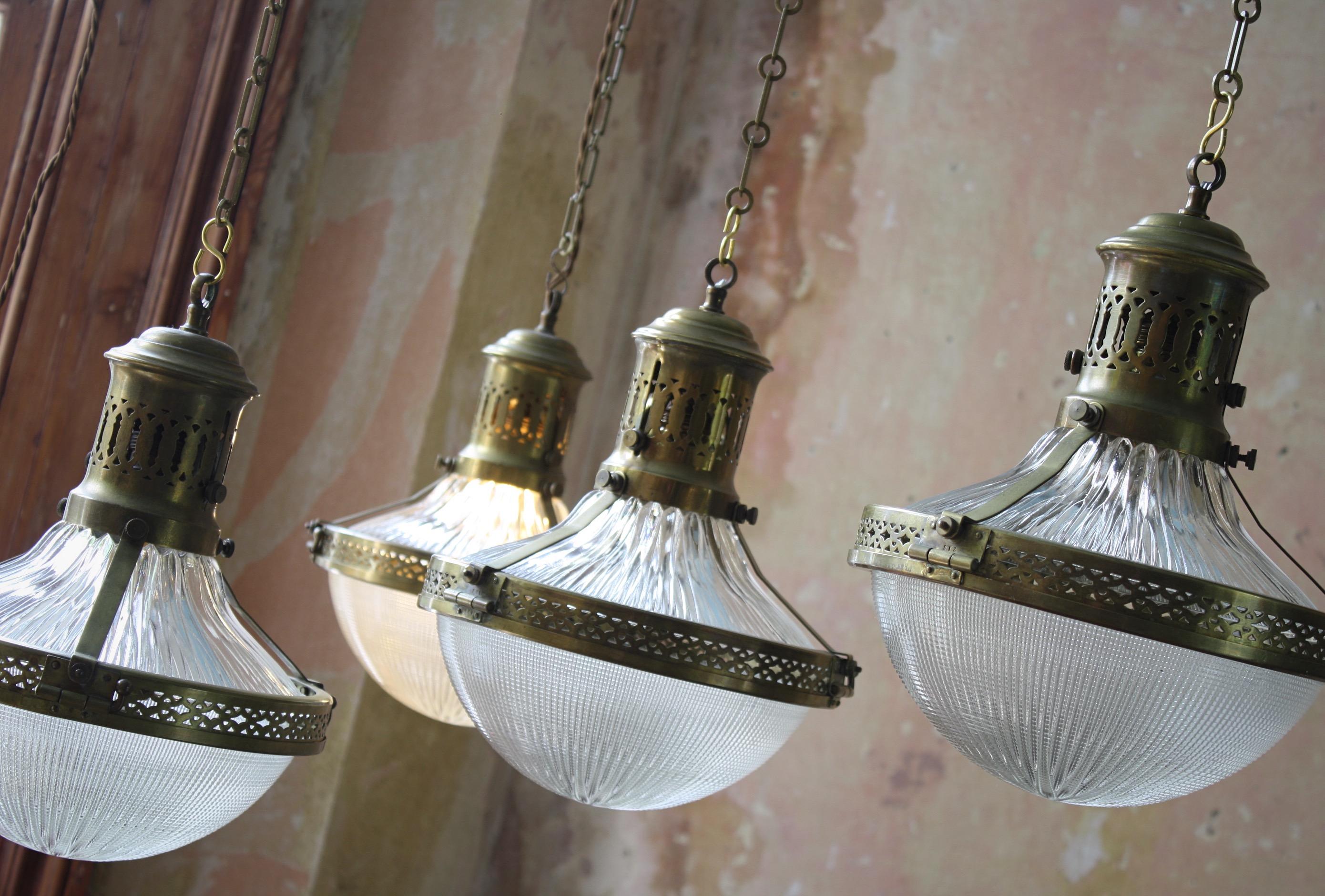 4 Available Early 20th C French Caged Brass & Glass Holophane Lanterns Lights 5