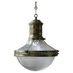 4 Available Early 20th C French Caged Brass & Glass Holophane Lanterns Lights