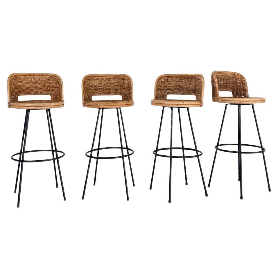 4 Bar Stools, Wicker and Wrought Iron, 1960s - Sold per item
