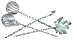 4 Barley Twisted Sterling Silver 925 Cocktail Olive Cheese Picks Shell Leaf