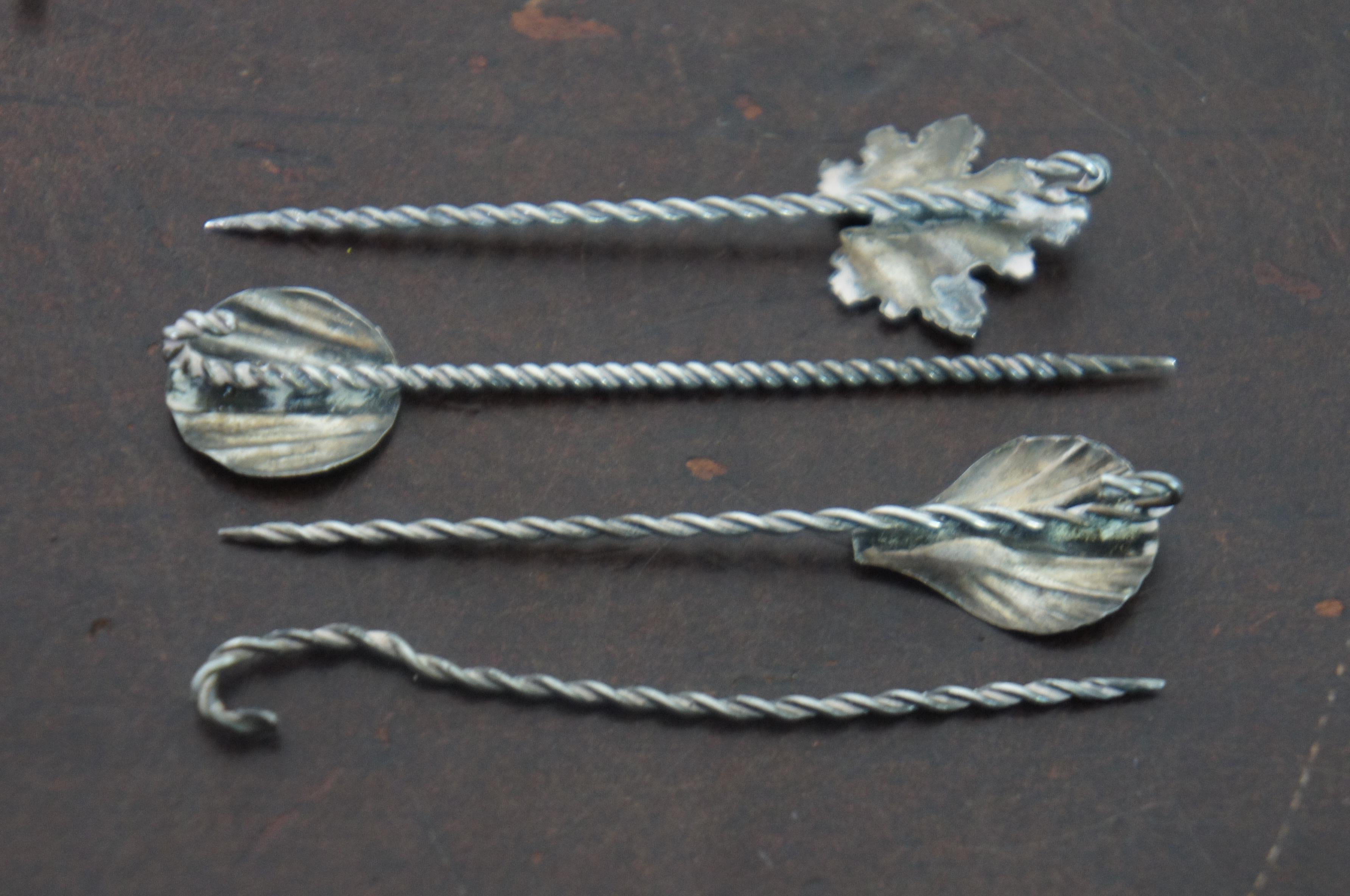 20th Century 4 Barley Twisted Sterling Silver 925 Cocktail Olive Cheese Picks Shell Leaf