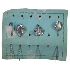 4 Barley Twisted Sterling Silver 925 Cocktail Olive Cheese Picks Shell Leaf