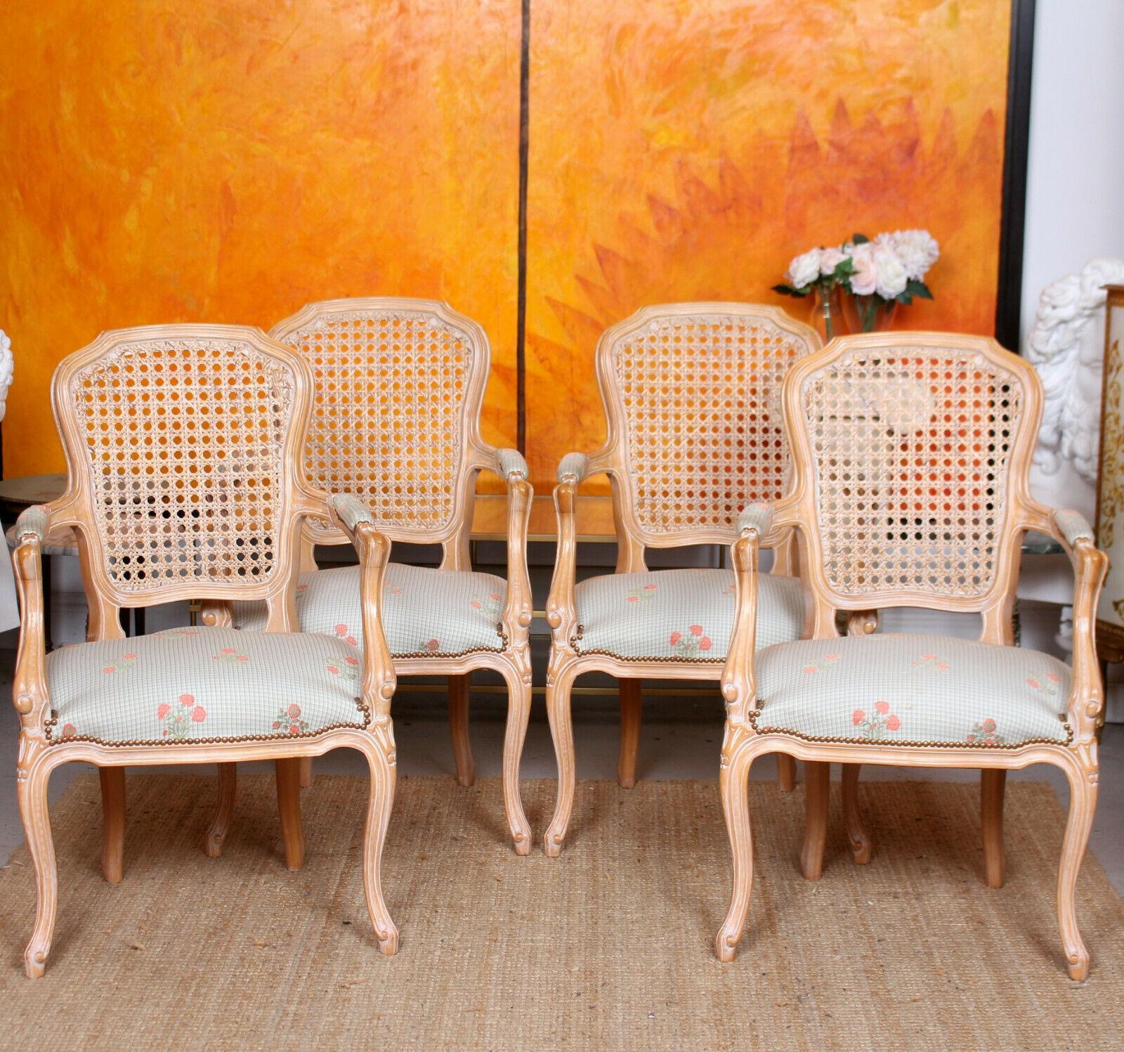 An impressive set of four French well carved limed bergère armchairs.
Offered in good condition. Structurally sound, bergère very good, a couple of small light marks.