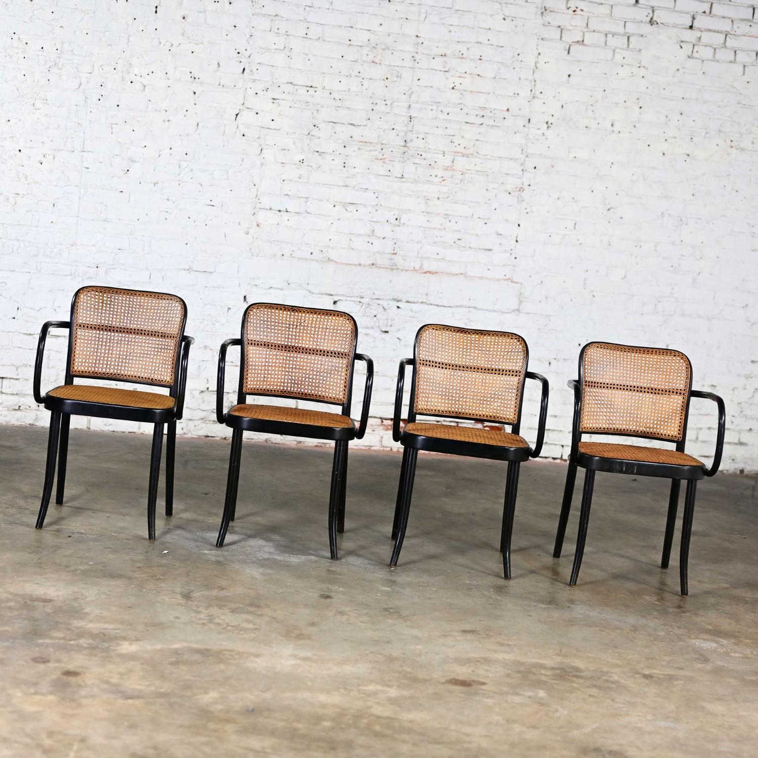 Ensemble de 4 fauteuils Josef Hoffman Prague 811 en bois courbé et cannage peint en noir, importés par Stendig pour Thonet. Très bon état, en gardant à l'esprit qu'il s'agit de fauteuils vintage et non pas neufs, et qu'ils présenteront donc des