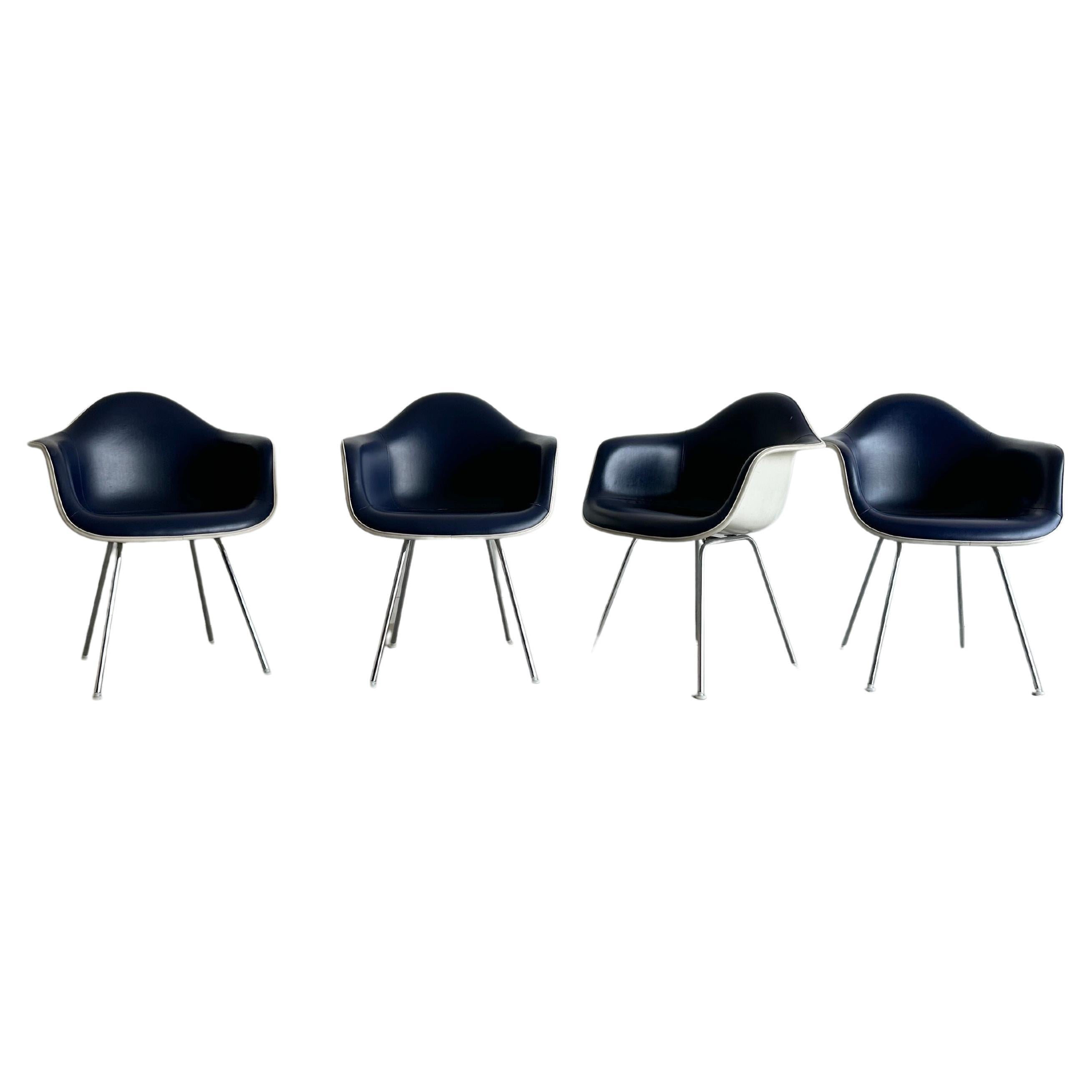 4 blue leather rope edge Dax armchairs by Charles & Ray Eames for Herman Miller For Sale