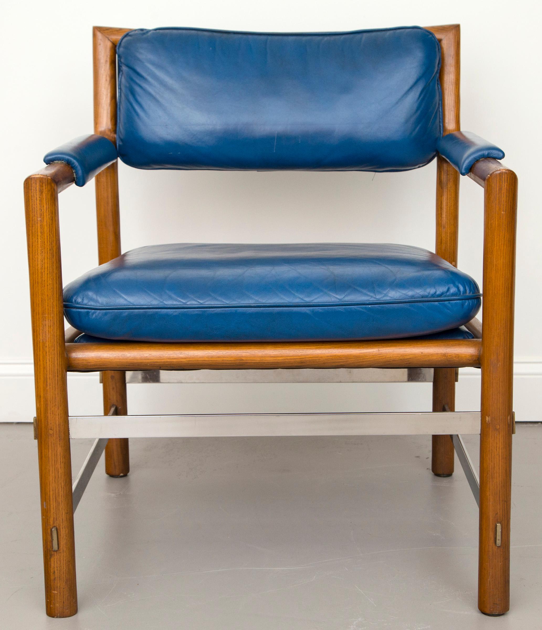 4 blue leather, wood and stainless steel Ed Wormley for Dunbar chairs.