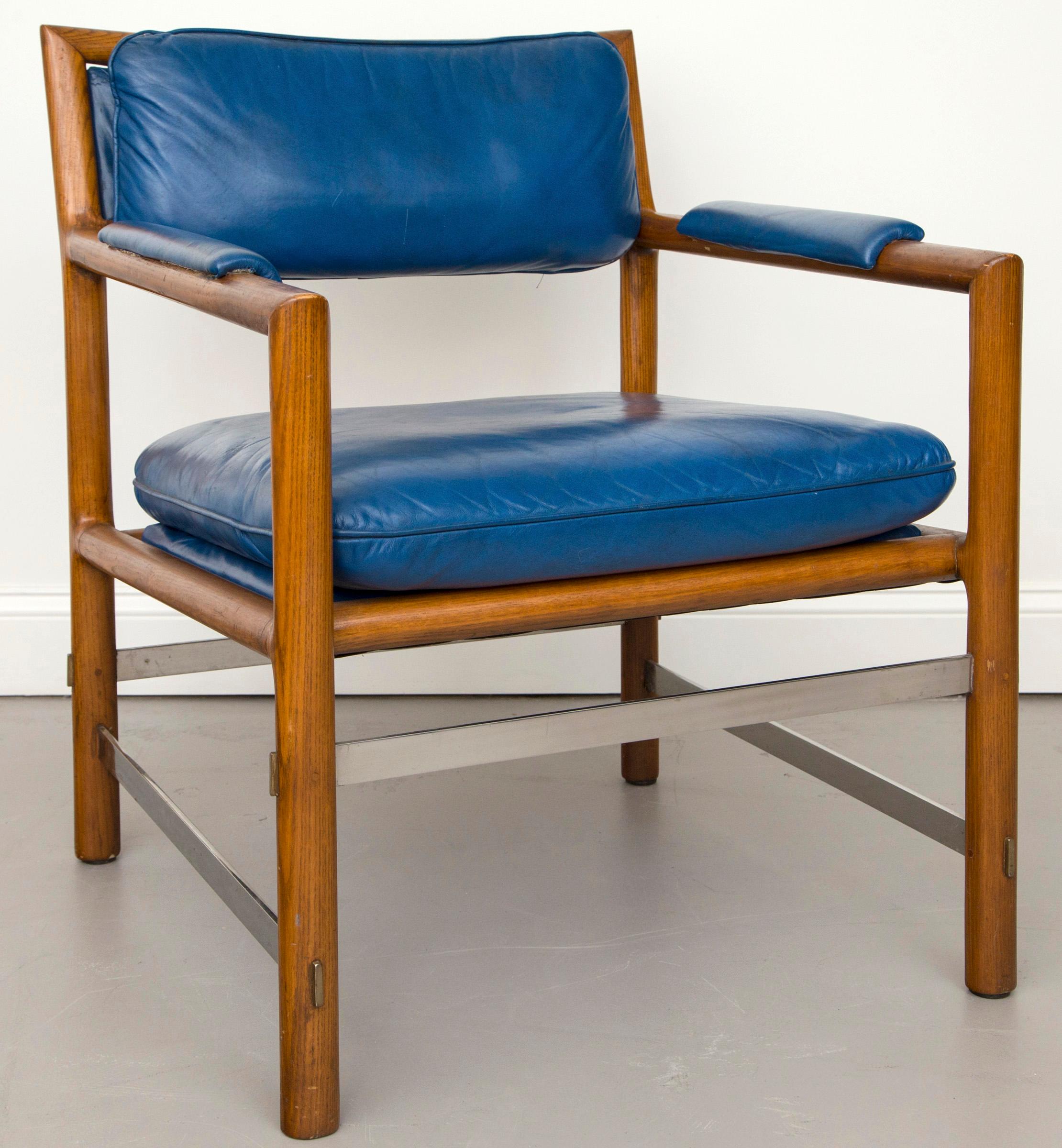 Mid-Century Modern Ed Wormley for Dunbar Blue Leather, Wood and Stainless Steel Chairs, Set of 4