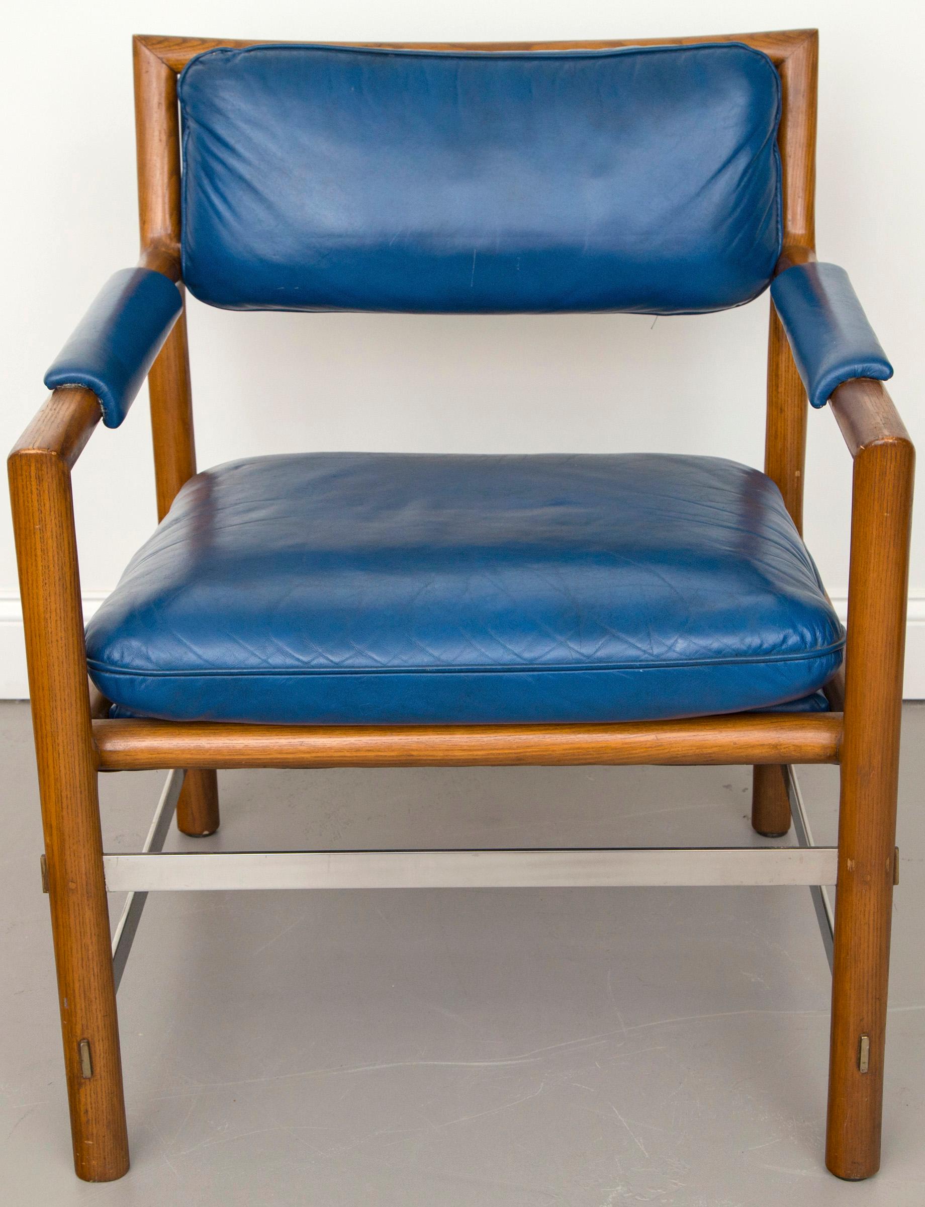 American Ed Wormley for Dunbar Blue Leather, Wood and Stainless Steel Chairs, Set of 4