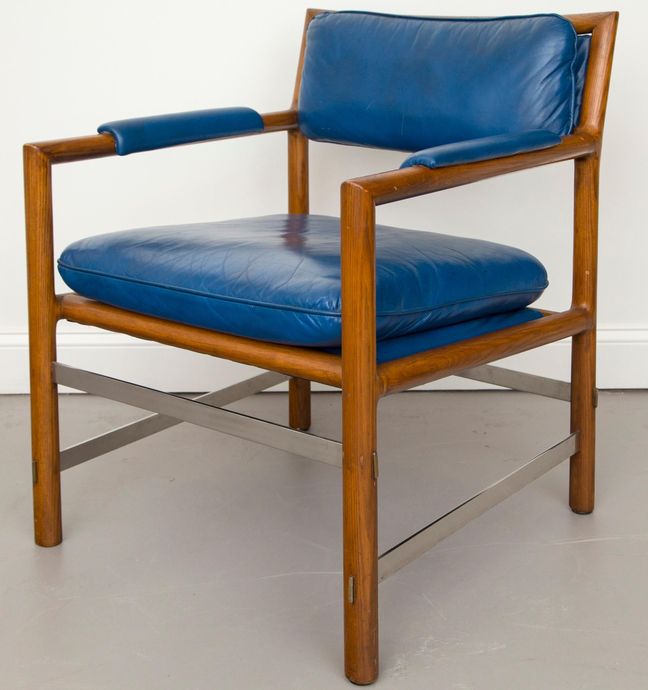 Ed Wormley for Dunbar Blue Leather, Wood and Stainless Steel Chairs, Set of 4 In Good Condition In Westport, CT