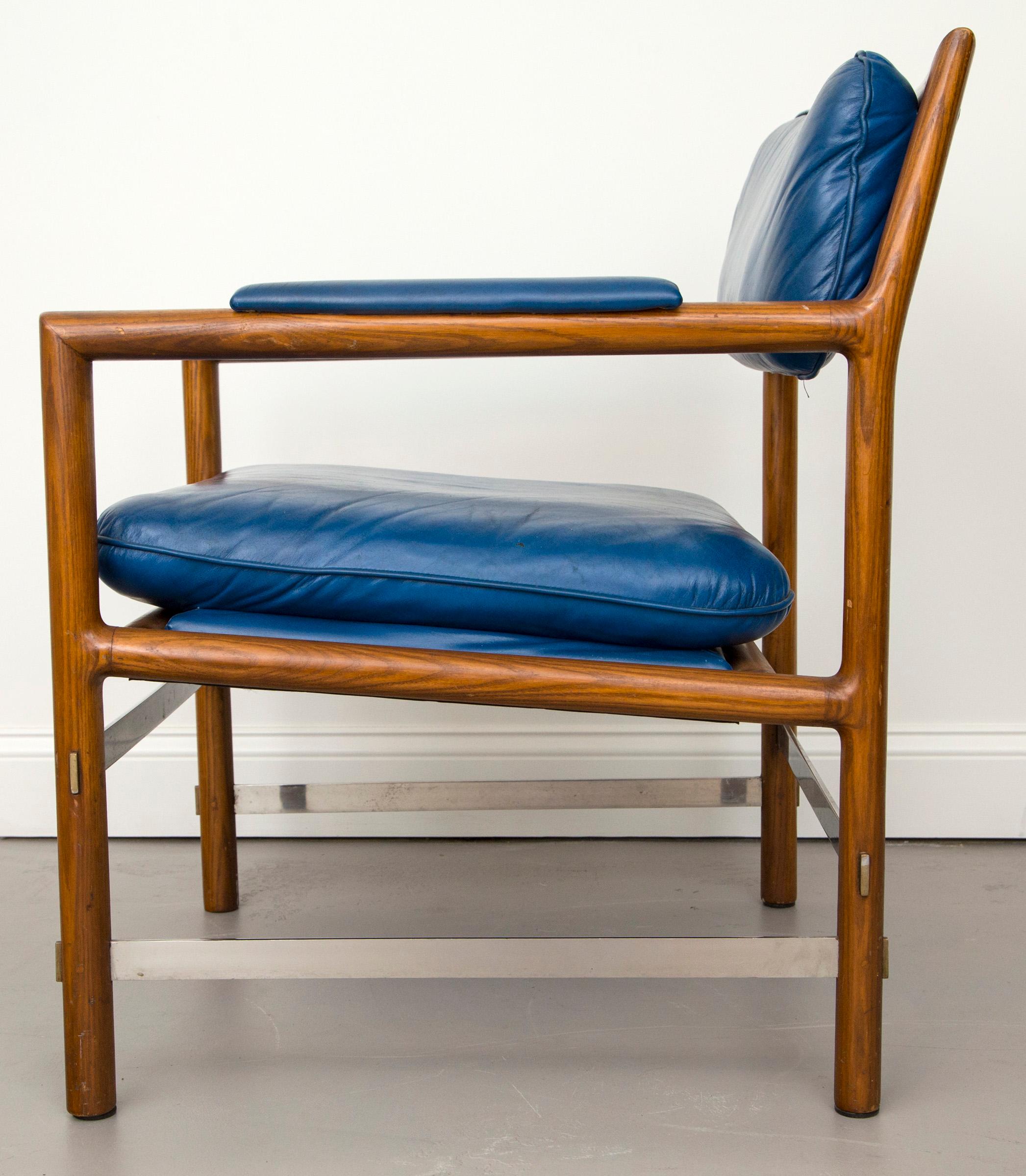20th Century Ed Wormley for Dunbar Blue Leather, Wood and Stainless Steel Chairs, Set of 4