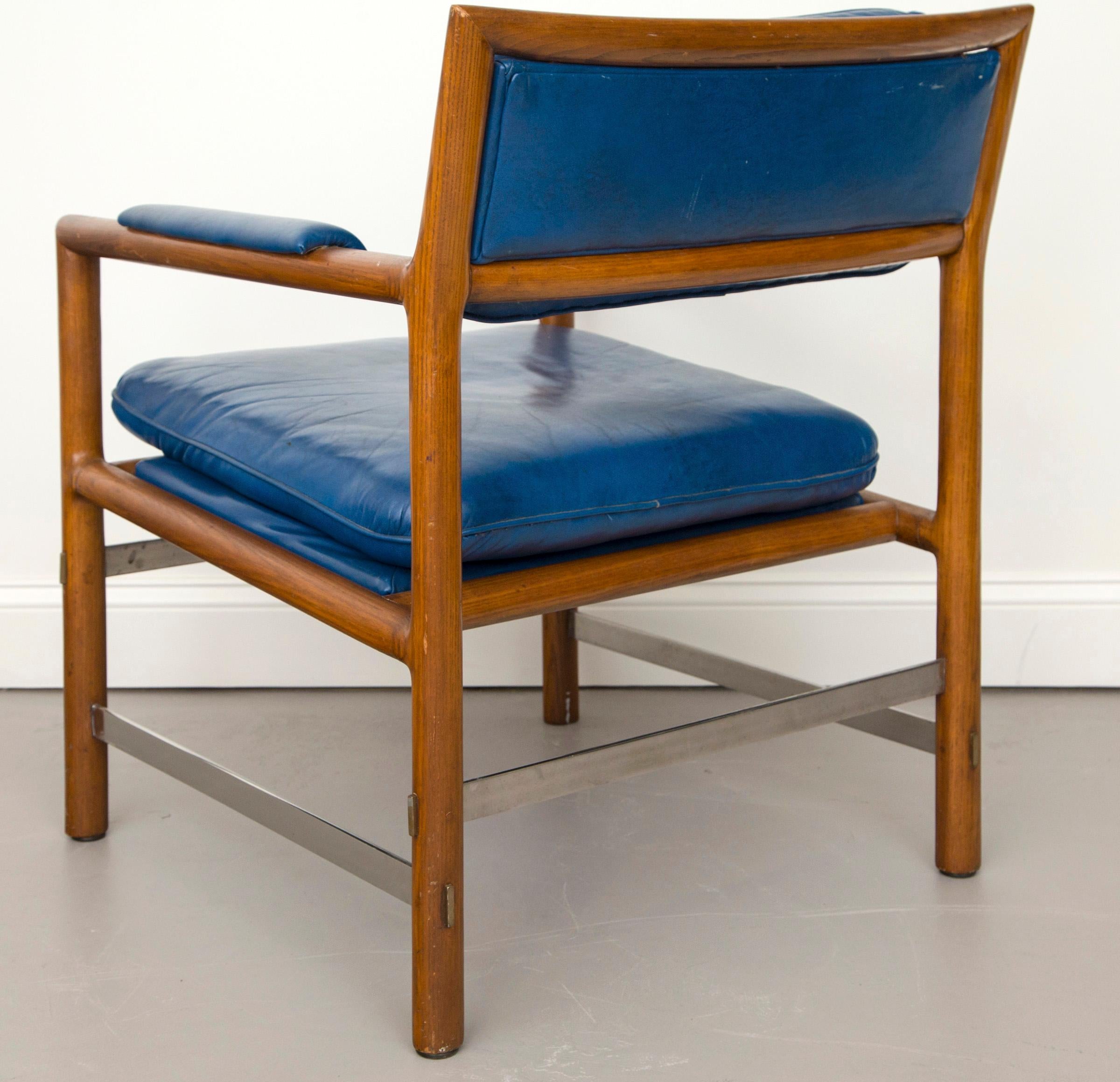 Ed Wormley for Dunbar Blue Leather, Wood and Stainless Steel Chairs, Set of 4 1