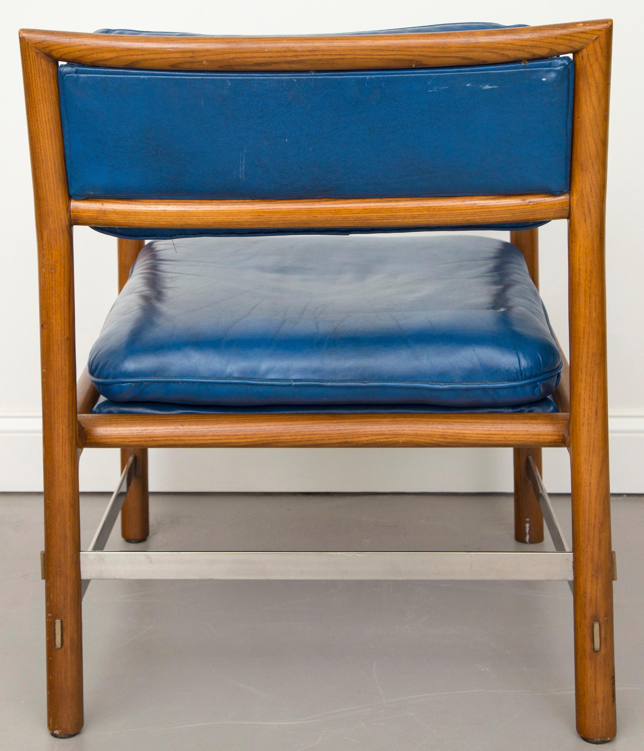 Ed Wormley for Dunbar Blue Leather, Wood and Stainless Steel Chairs, Set of 4 2