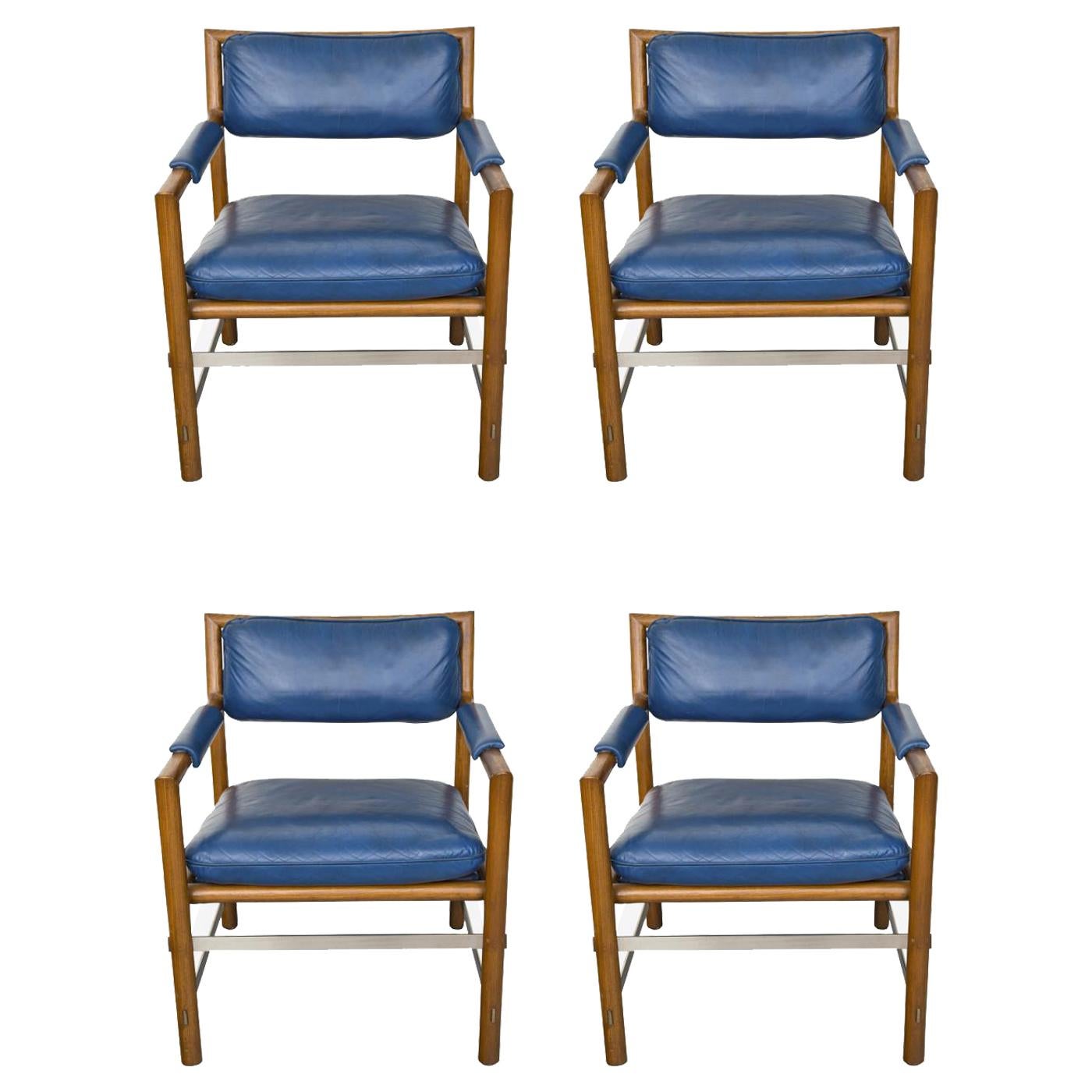 Ed Wormley for Dunbar Blue Leather, Wood and Stainless Steel Chairs, Set of 4