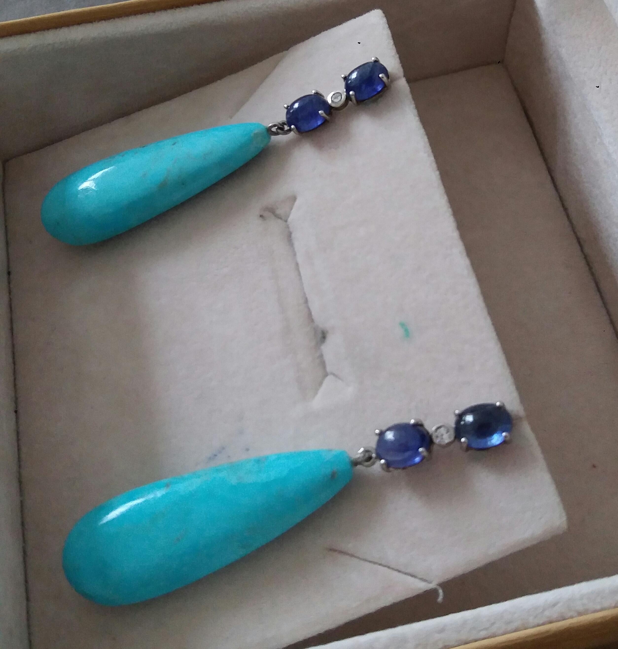 Boucles d'oreilles en or massif 14 carats avec turquoises véritables, saphirs bleus et cabas ovales et diamants en vente 4
