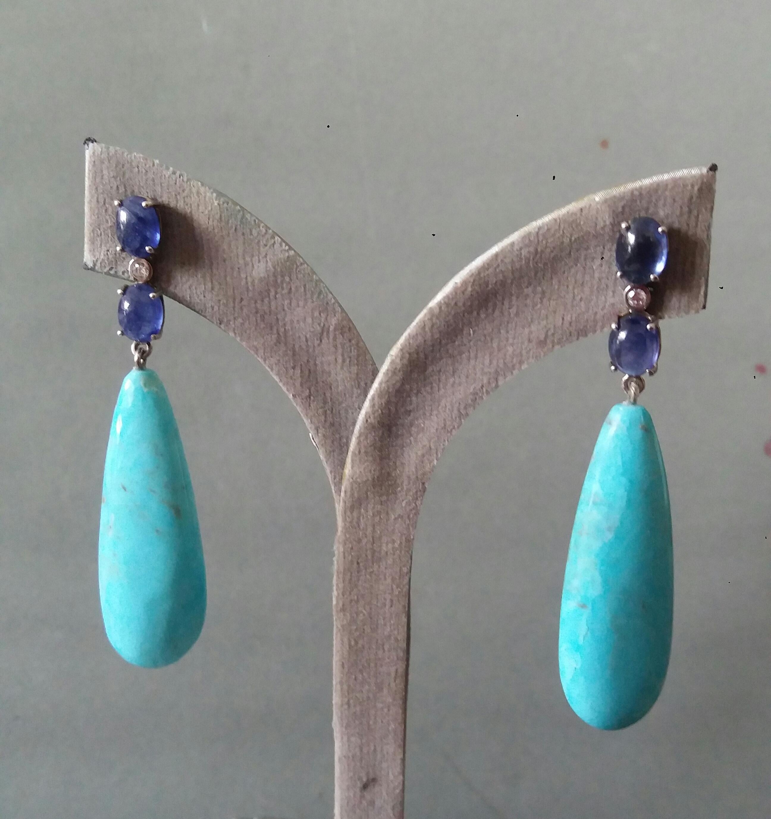 Boucles d'oreilles en or massif 14 carats avec turquoises véritables, saphirs bleus et cabas ovales et diamants en vente 5