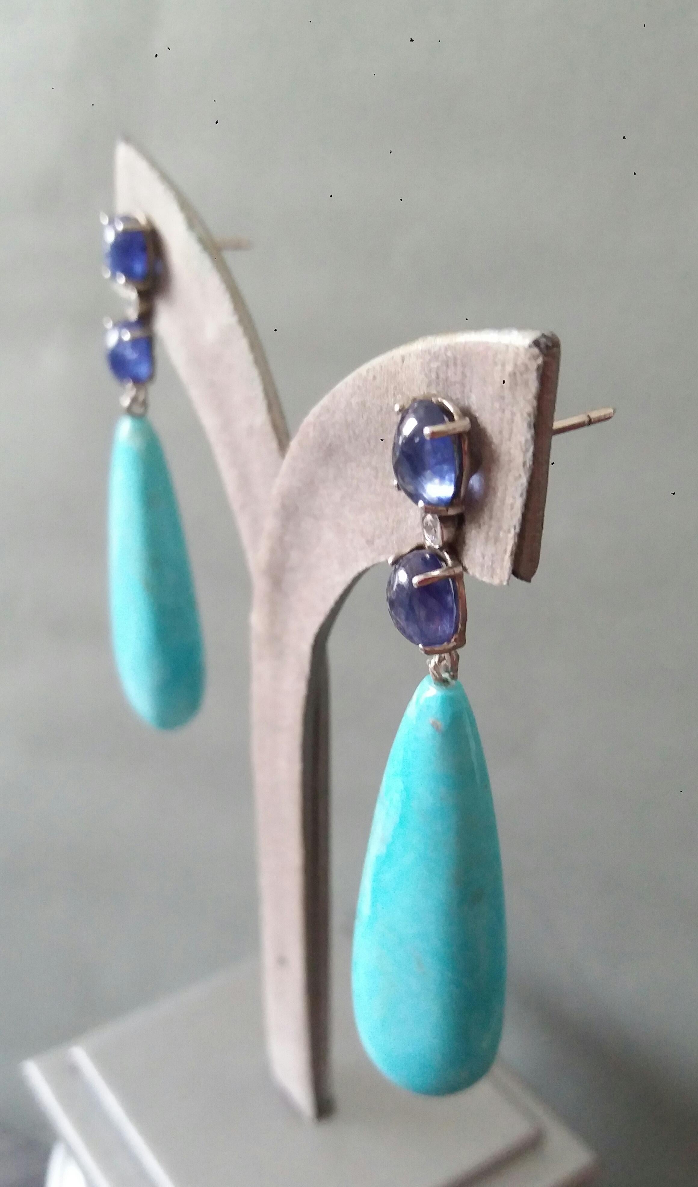 Boucles d'oreilles en or massif 14 carats avec turquoises véritables, saphirs bleus et cabas ovales et diamants en vente 6