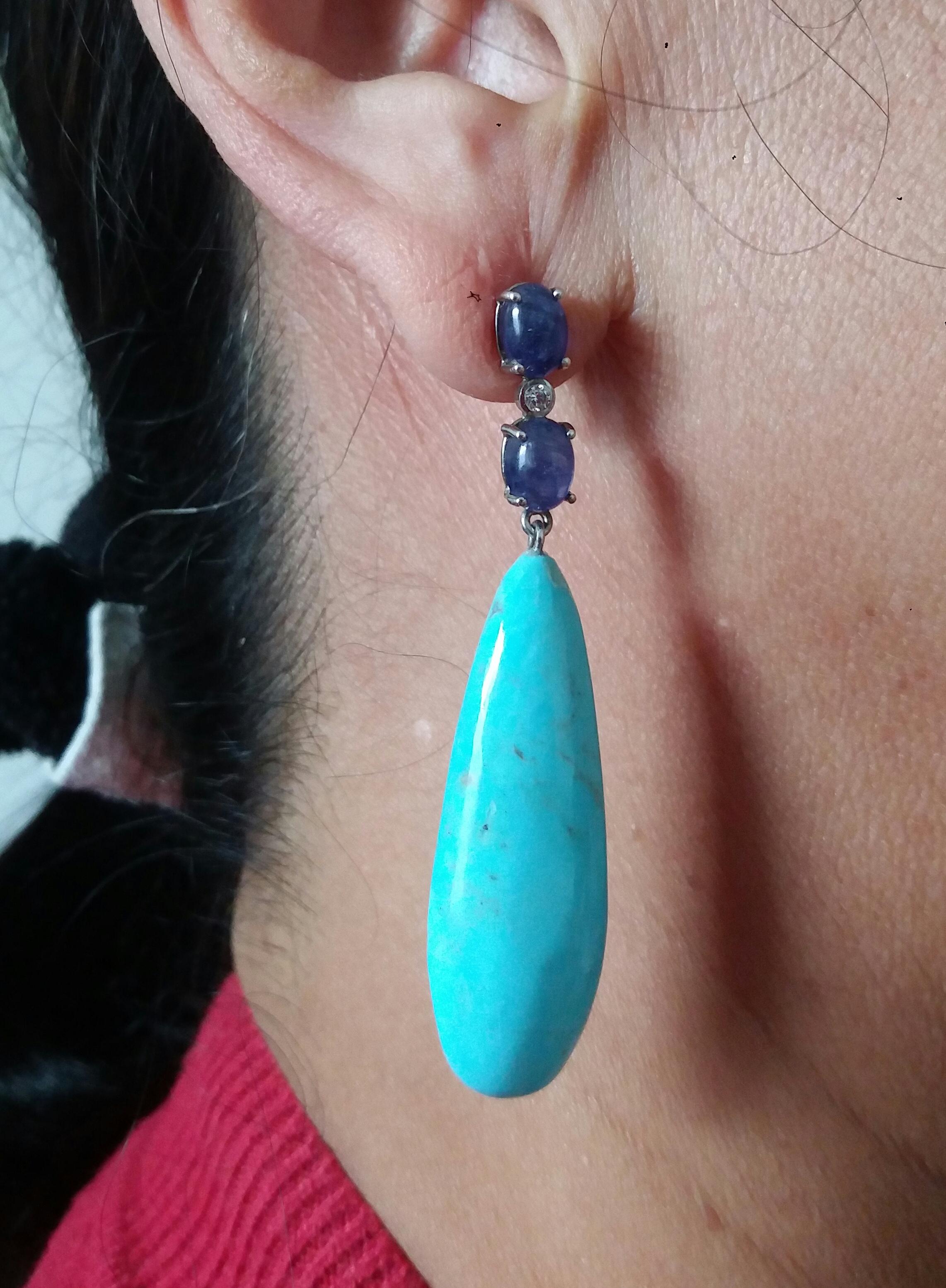 Boucles d'oreilles en or massif 14 carats avec turquoises véritables, saphirs bleus et cabas ovales et diamants en vente 7