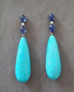 Genuine Turquoise Drops Blue Sapphire Oval Cabs Diamonds 14K Solid Gold Earrings